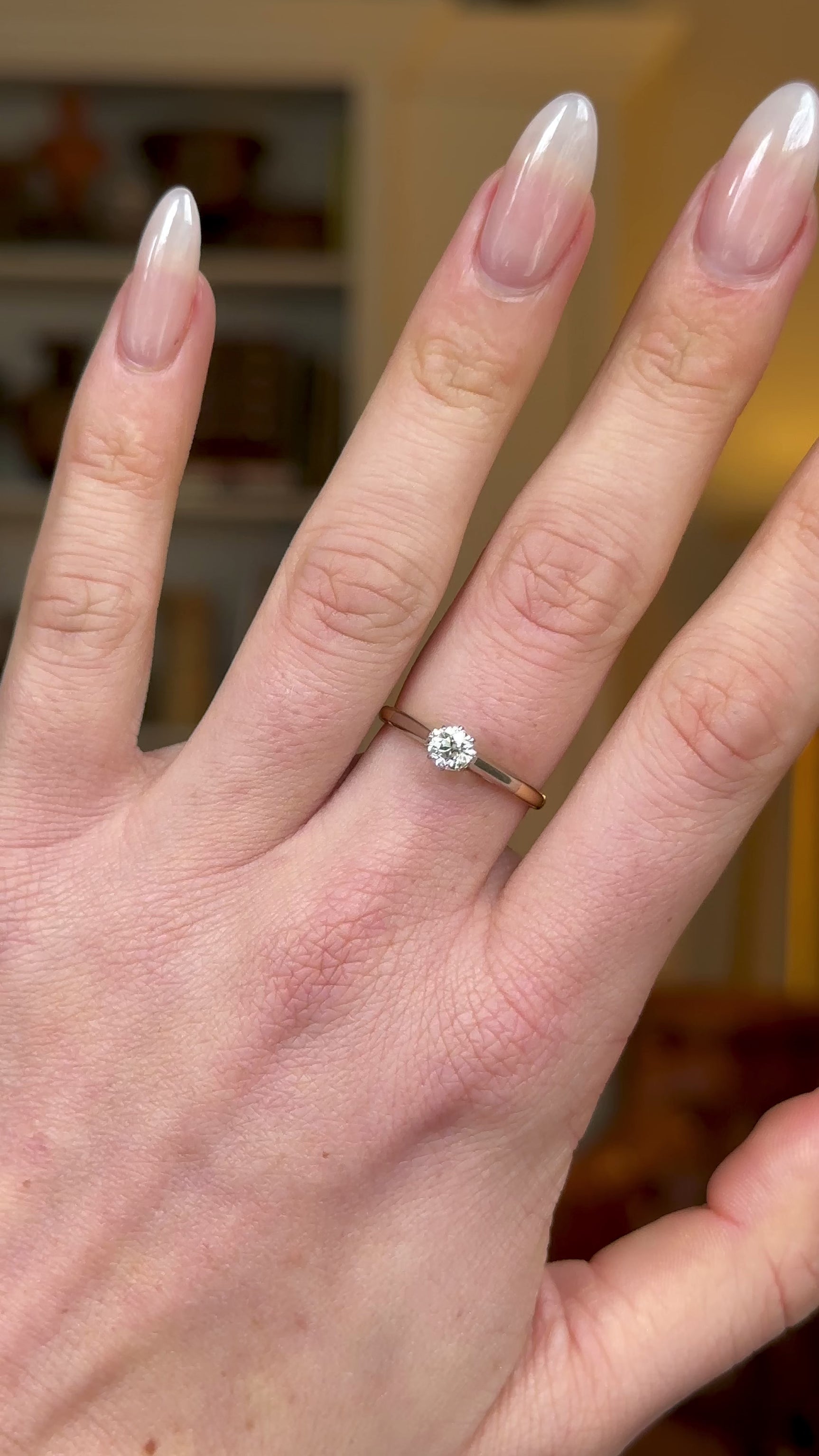 Antique, Edwardian Solitaire Diamond Engagement Ring, 18ct Yellow Gold and Platinum worn on hand and rotated to give perspective.