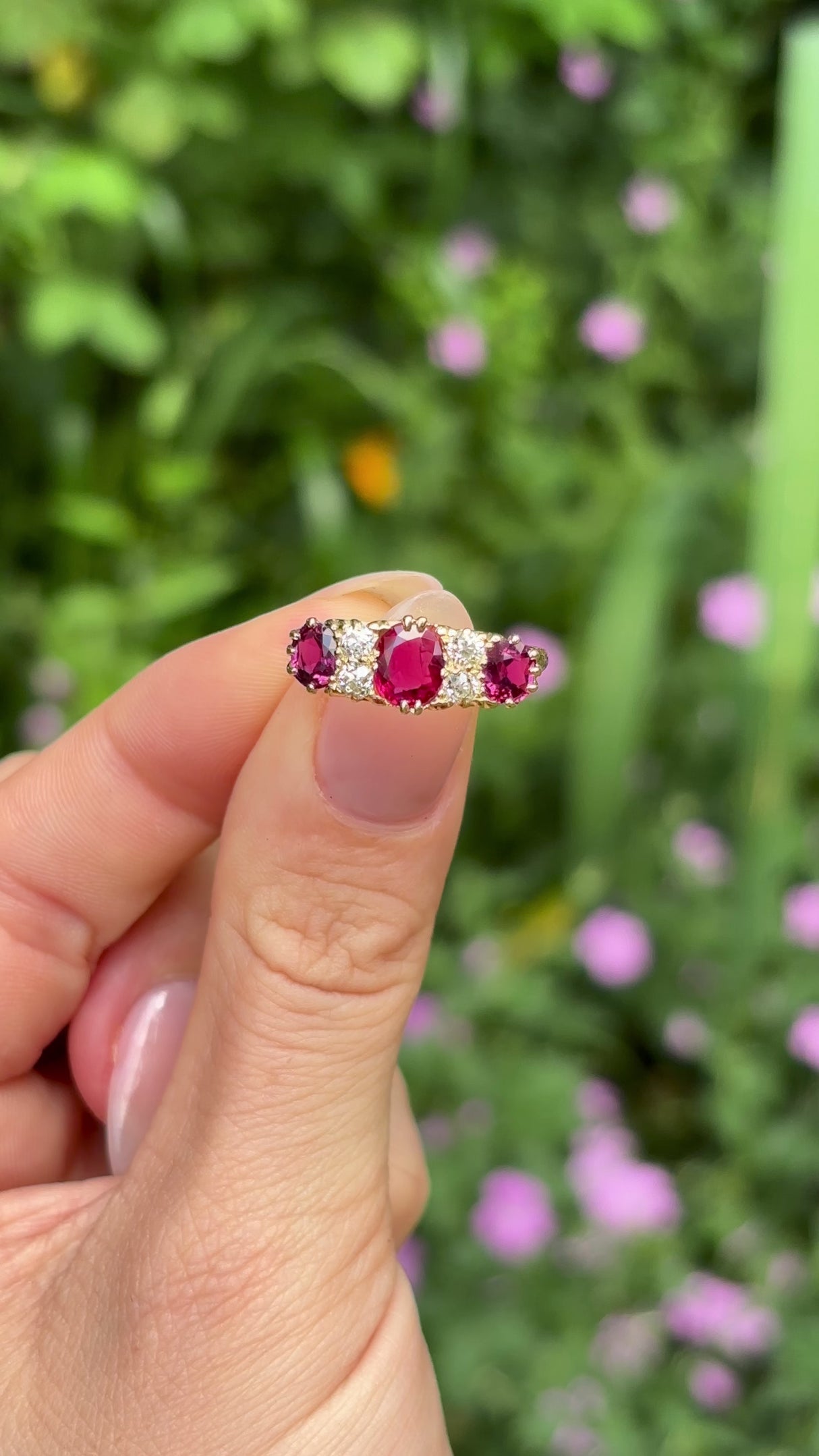 Antique, Victorian ruby & diamond three-stone half-hoop, 18ct yellow gold