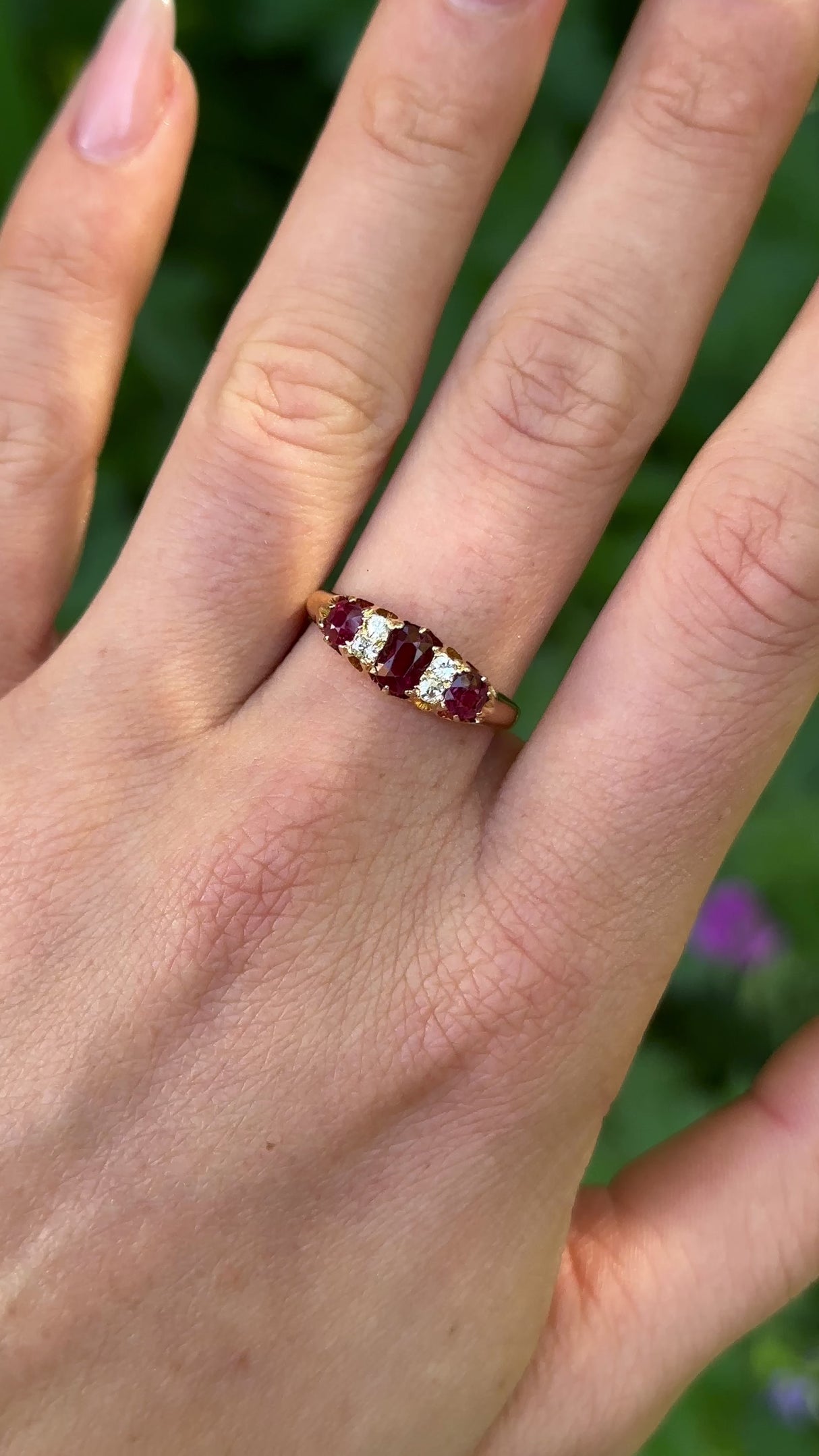 Antique, Edwardian Three-Stone Ruby and Diamond Ring, 18ct Yellow Gold worn on hand.