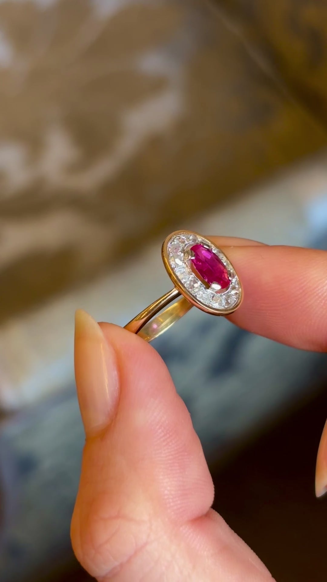 Antique, French, oval-cut ruby & diamond cluster ring