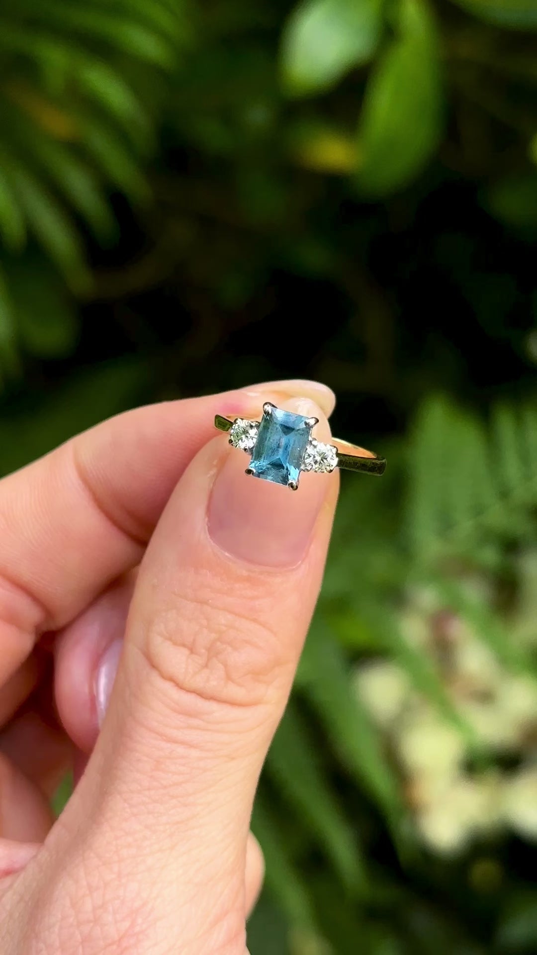 Vintage, aquamarine & diamond three-stone ring, 18ct yellow gold
