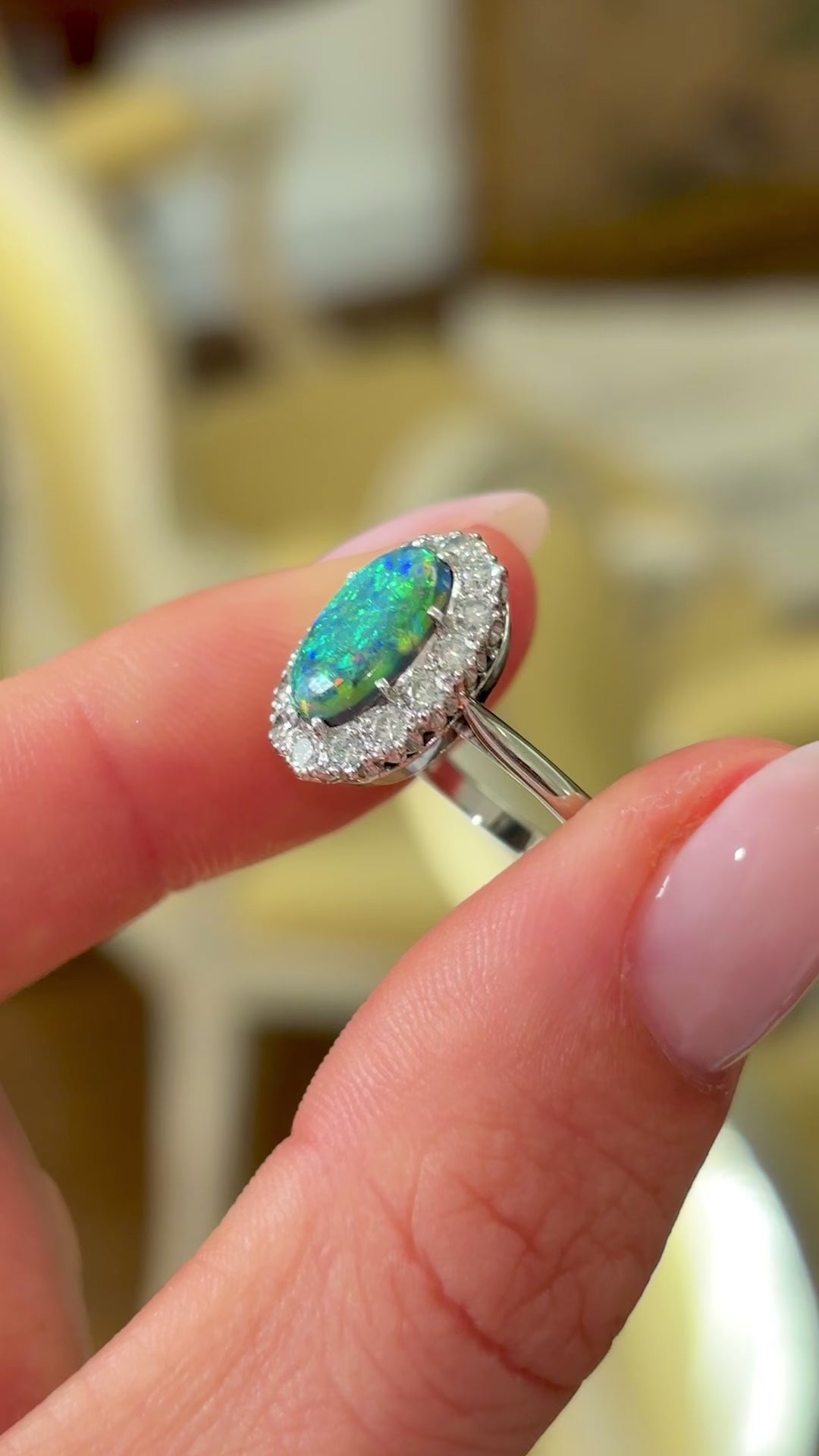 Vintage, 1940s black opal & diamond cluster ring