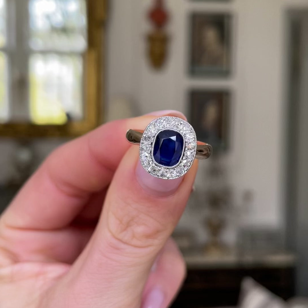 Antique royal blue sapphire & diamond cluster engagement ring