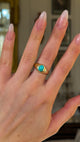 Antique, Single-Stone Turquoise Gypsy Ring, 18ct Yellow Gold worn on hand and rotated to give perspective.