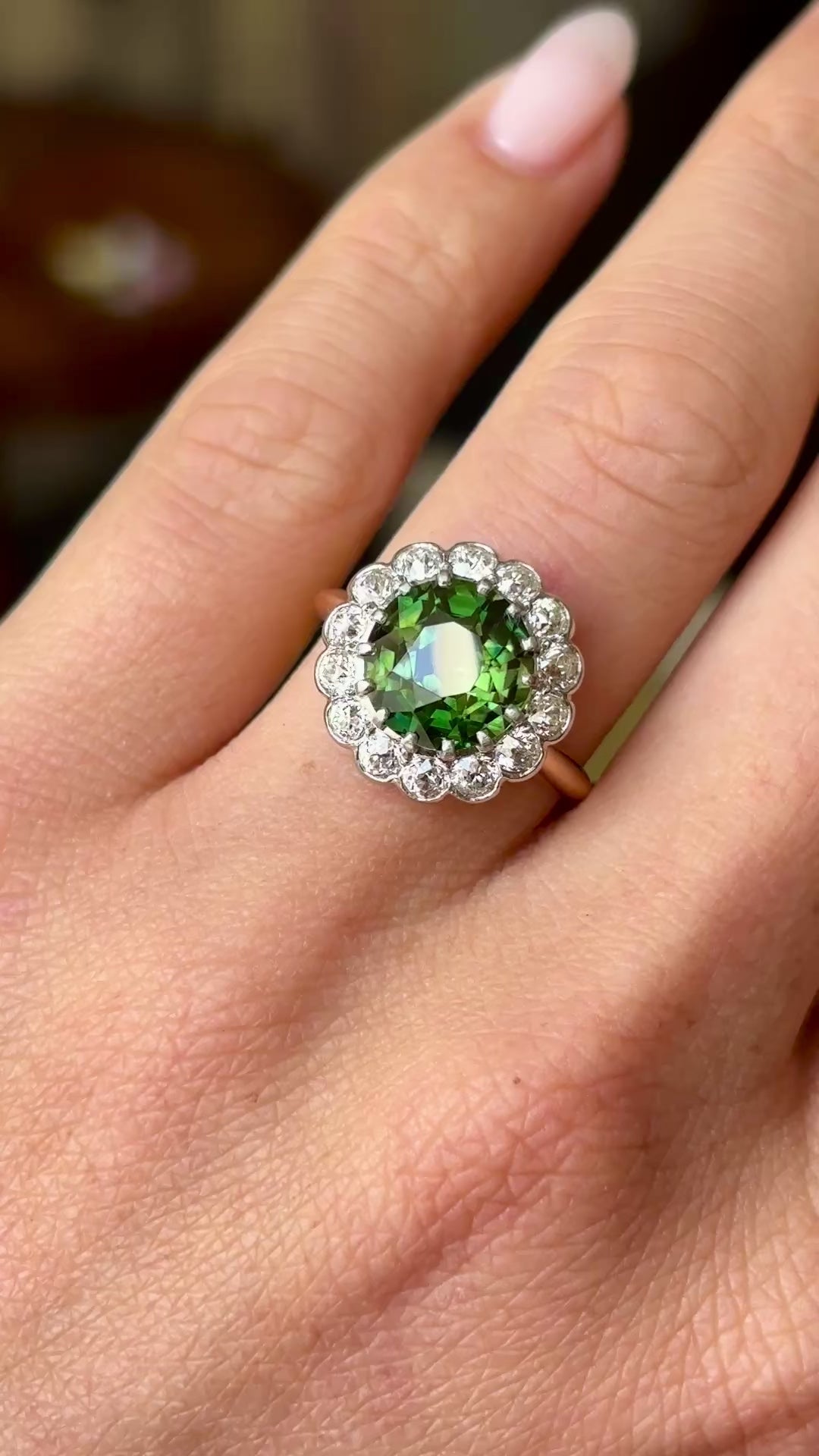 Antique, Edwardian green sapphire & diamond cluster ring