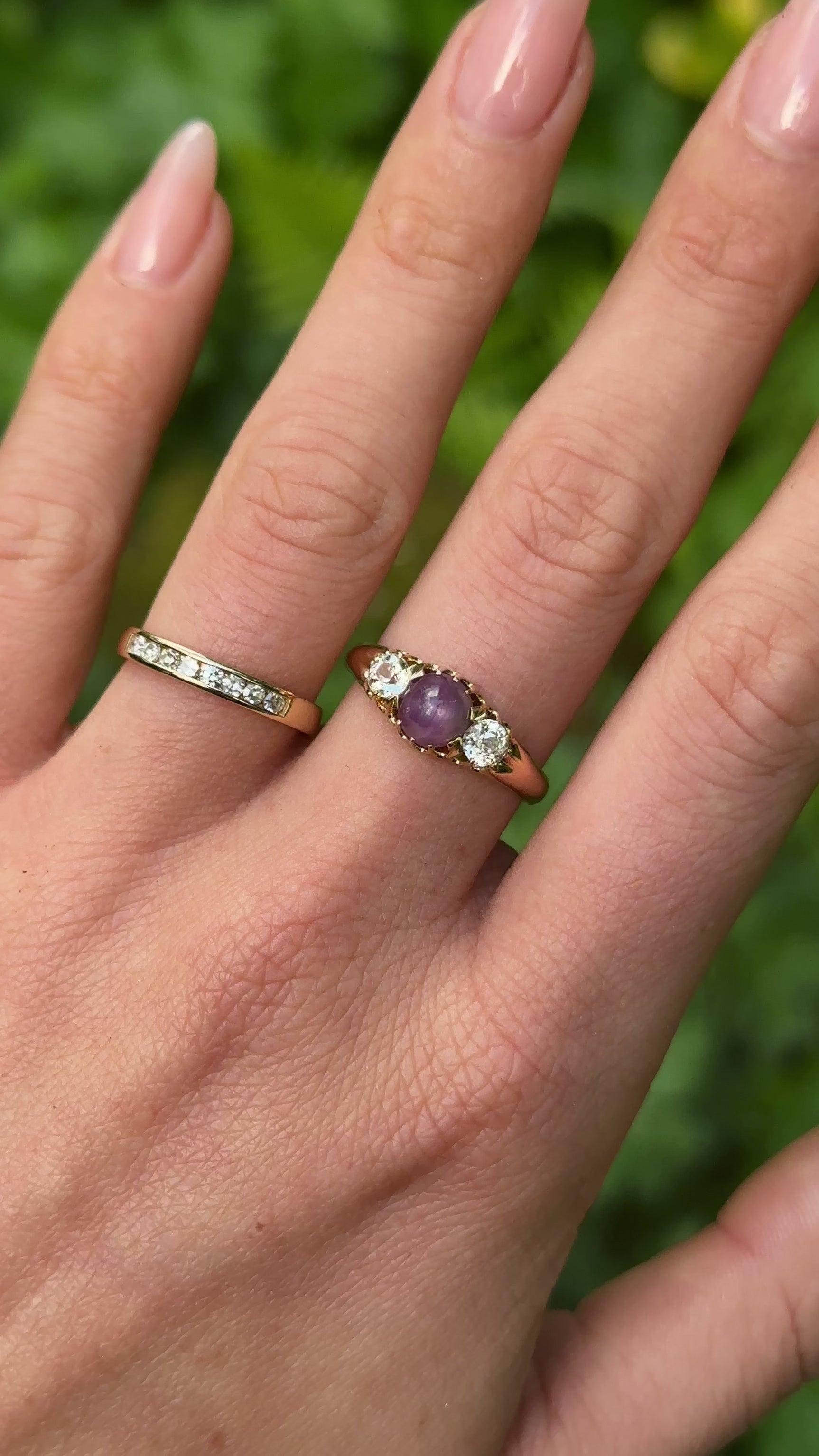 Antique, Edwardian Cabochon Star Ruby and White Sapphire Three-Stone Ring, 15ct Gold worn on hand.