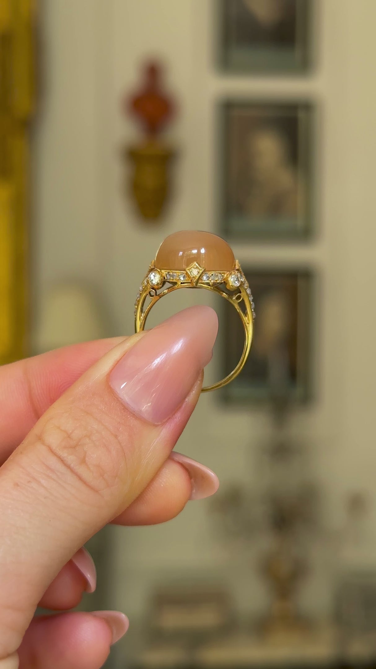 Belle Époque, 18ct gold, cabochon peach moonstone & diamond ring