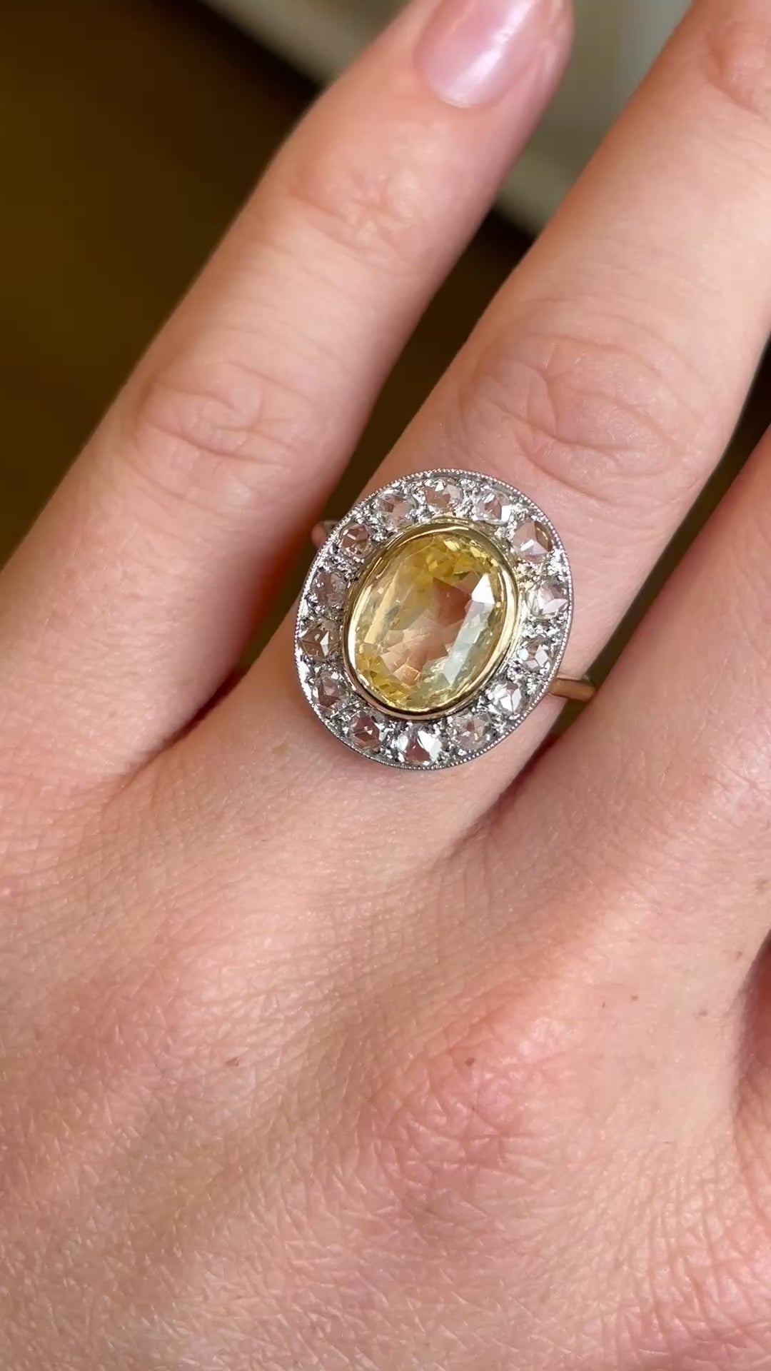 Vintage, 1940s yellow sapphire & diamond cluster ring