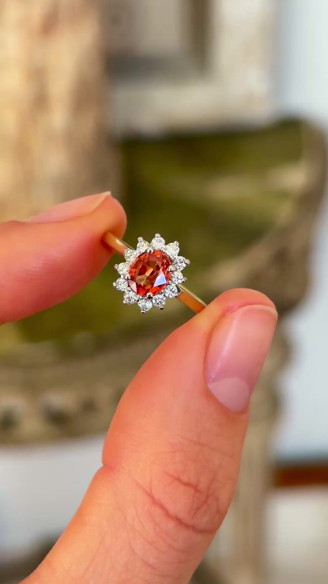 Vintage, 1950s orange sapphire & diamond cluster ring