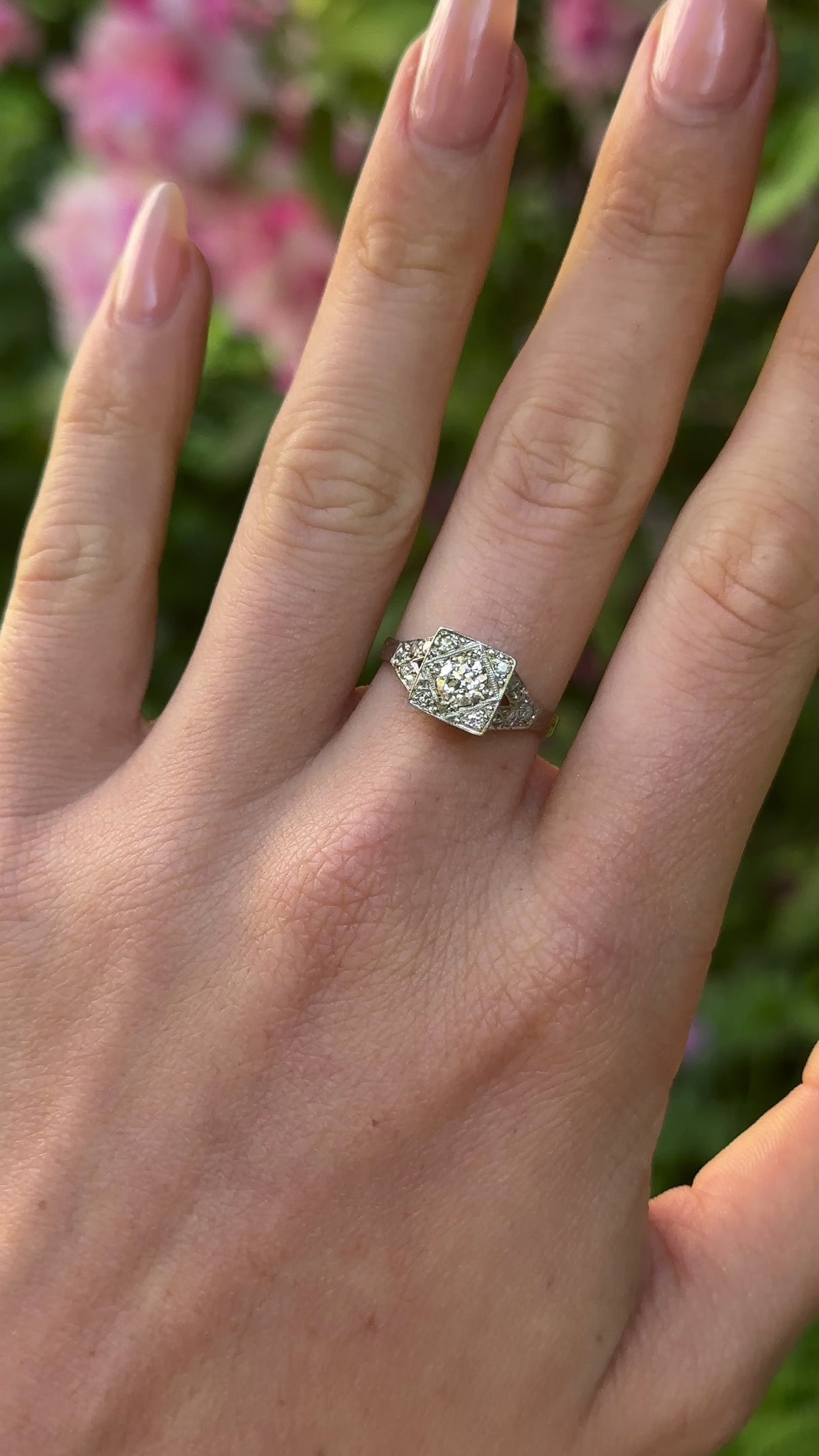 Vintage, 1940s Diamond Engagement Ring 18ct White Gold and Platinum worn on hand.