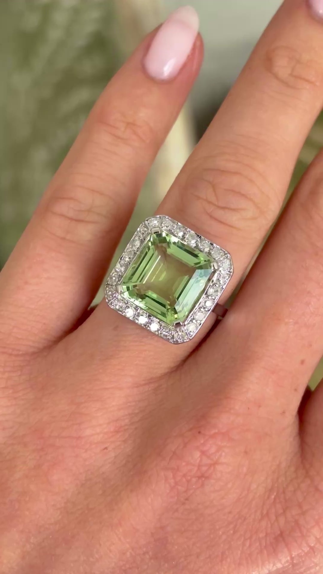 Vintage, Art Deco green beryl and diamond square cluster ring