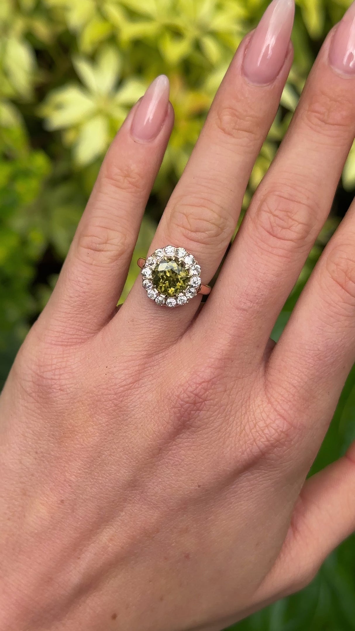 Antique, Victorian Green Zircon and Diamond Cluster Ring, 18ct Yellow Gold worn on hand.