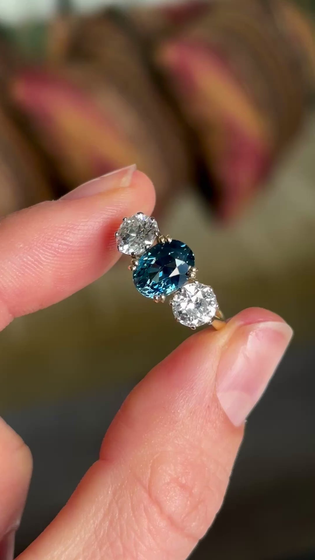 Vintage, 1980s teal sapphire & diamond three-stone ring