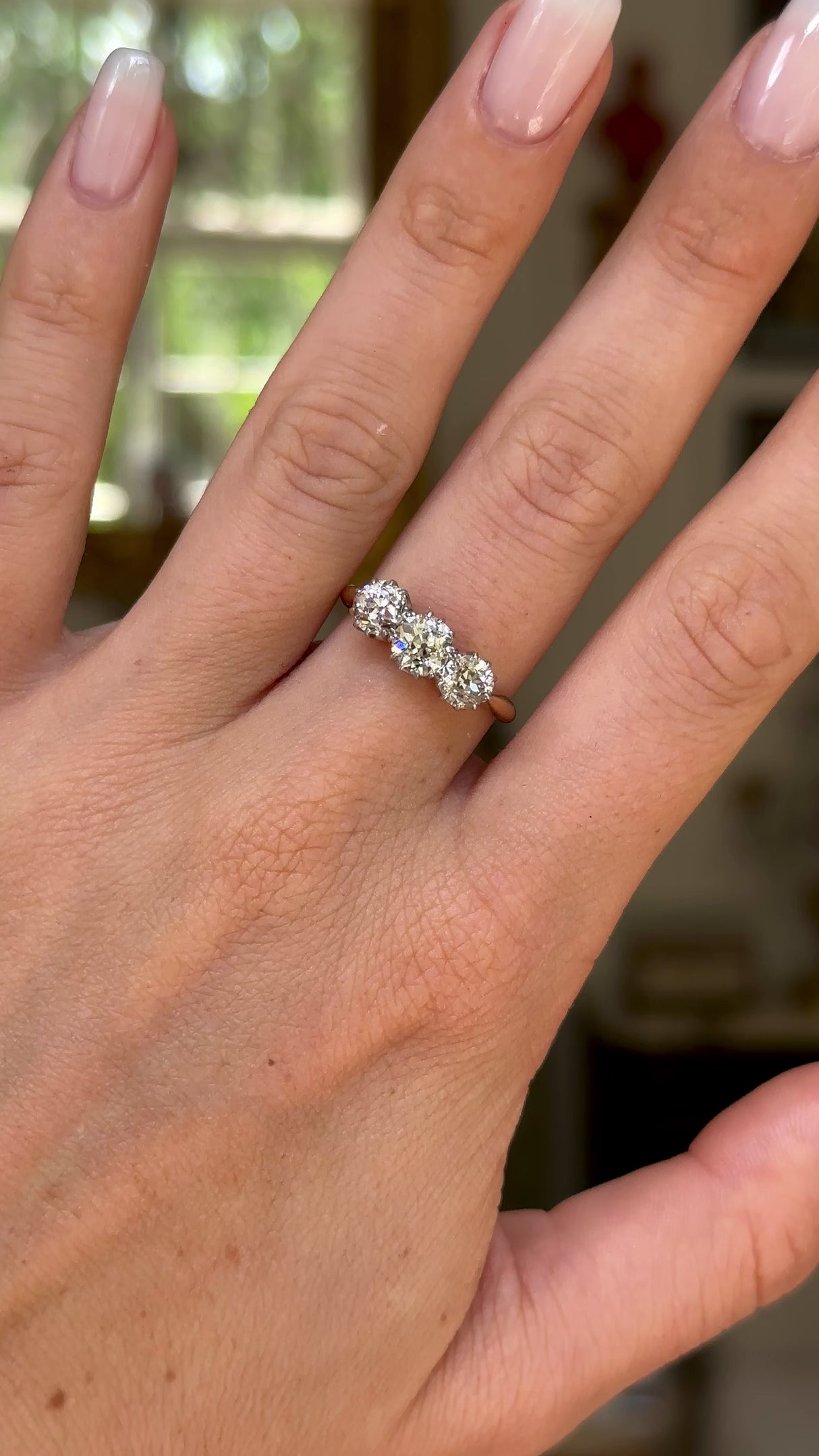 Edwardian, three stone 1.75ct diamond engagement ring, 18ct yellow gold