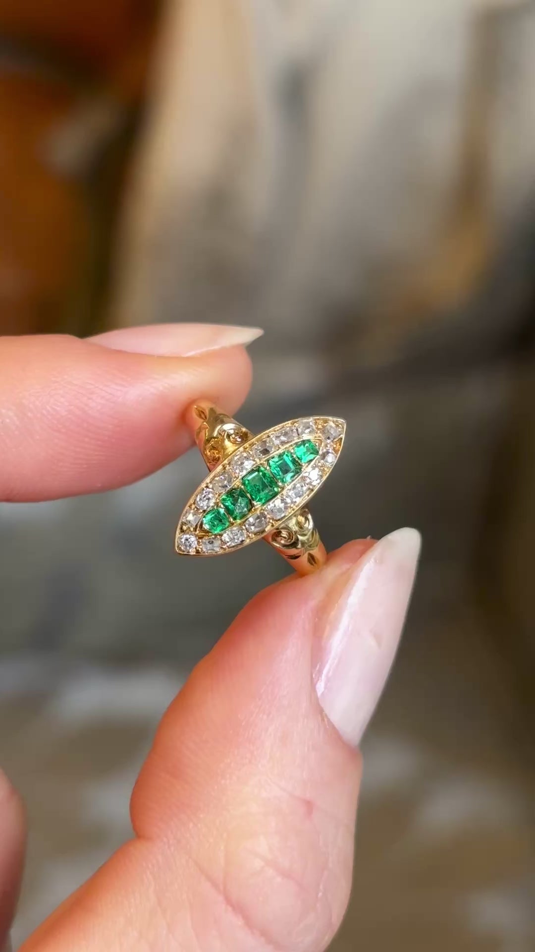 Antique, Victorian emerald and diamond navette cluster ring