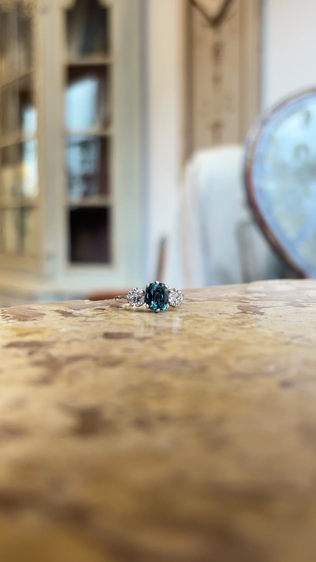 Vintage, 1950s Green-teal sapphire & diamond three-stone ring 