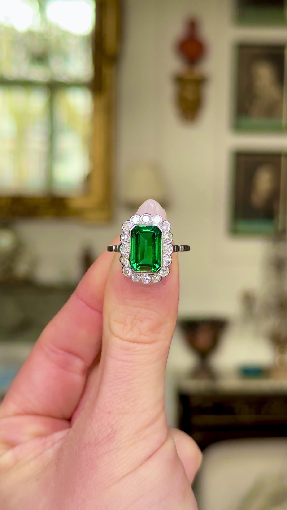 Antique green paste and diamond cluster ring, moved around to give perspective.