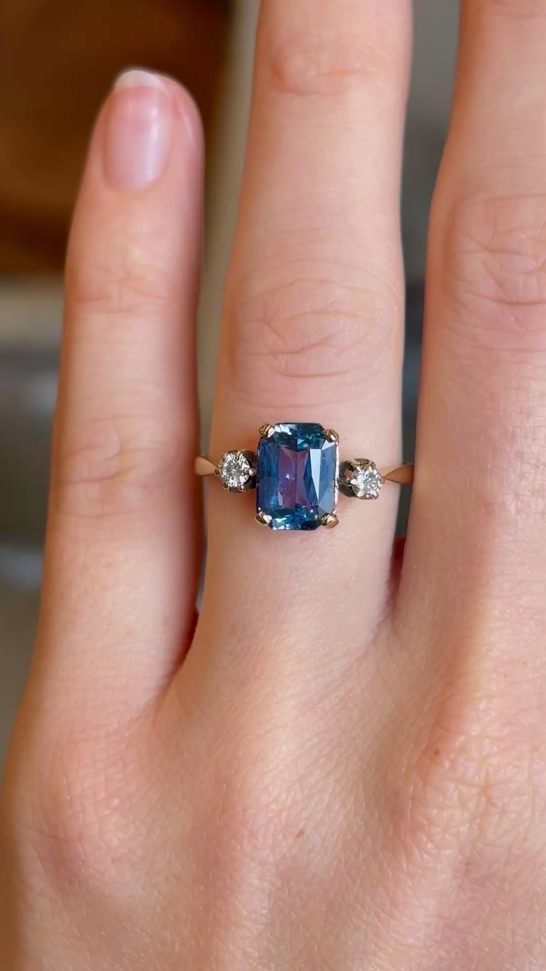 Vintage, 1930s teal-blue sapphire & diamond three-stone ring