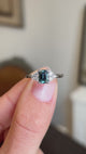 A video of an antique-inspired platinum engagement ring held between two fingers, showcasing a blue sapphire adorned with diamond trefoil clusters.
