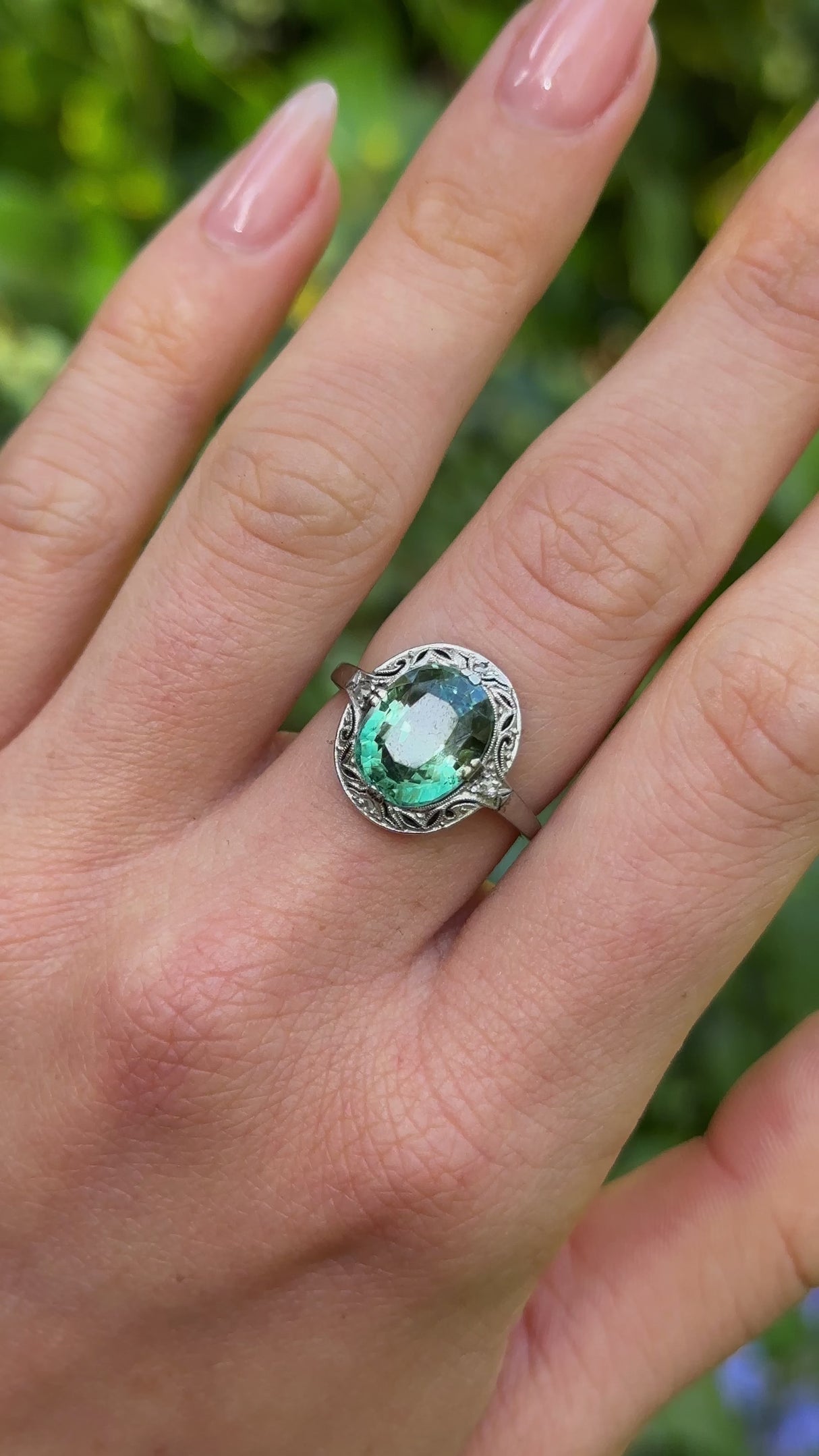 Antique, Edwardian Green Tourmaline Ring, 18ct White Gold