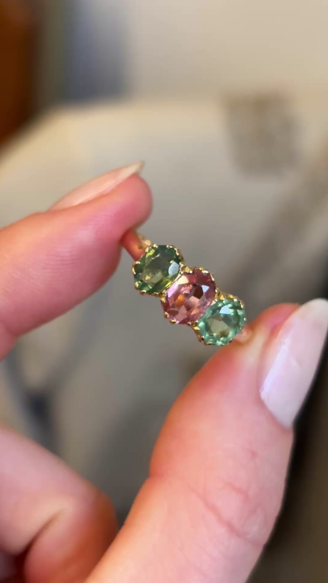 Antique, Edwardian pink tourmaline and green zircon three-stone ring
