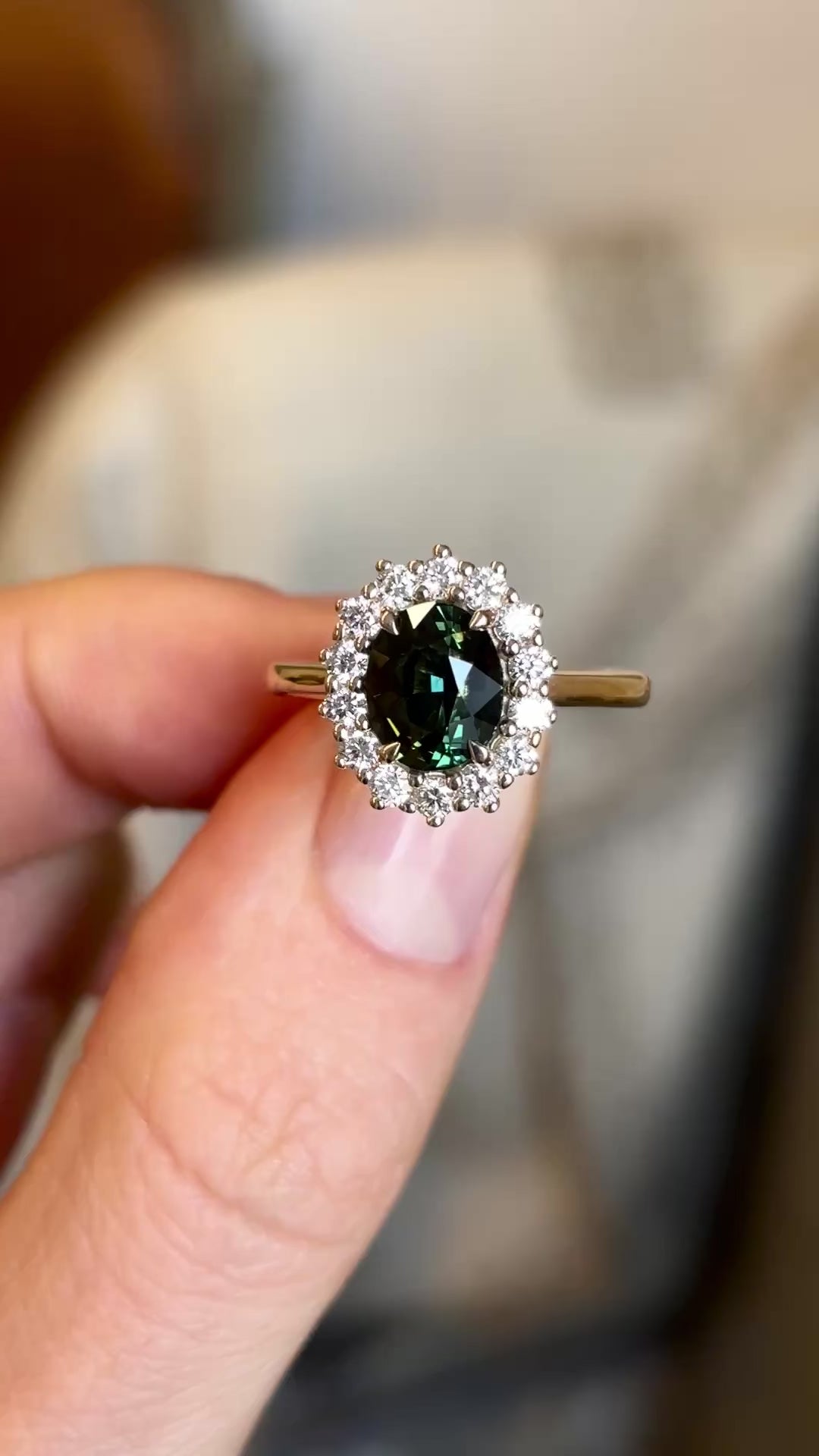 Teal sapphire & diamond cluster ring