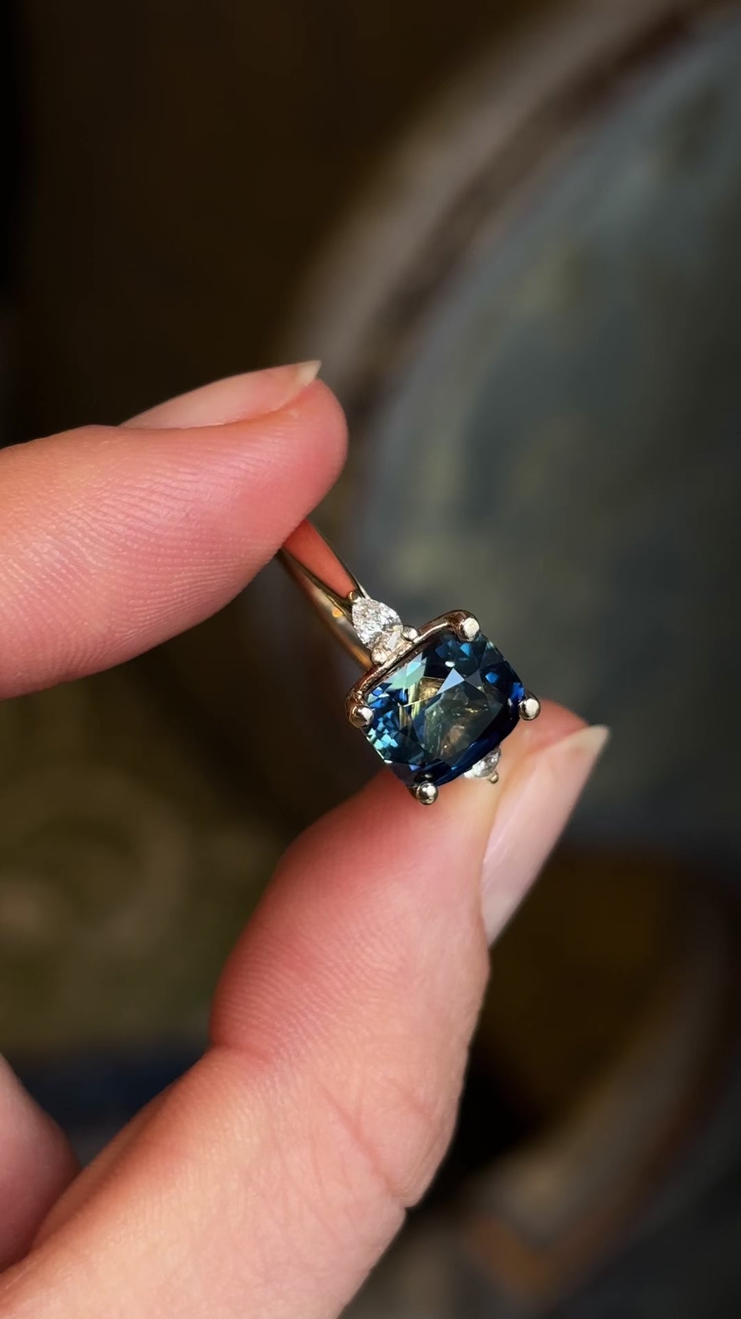 Bi-colour sapphire and diamond three-stone ring