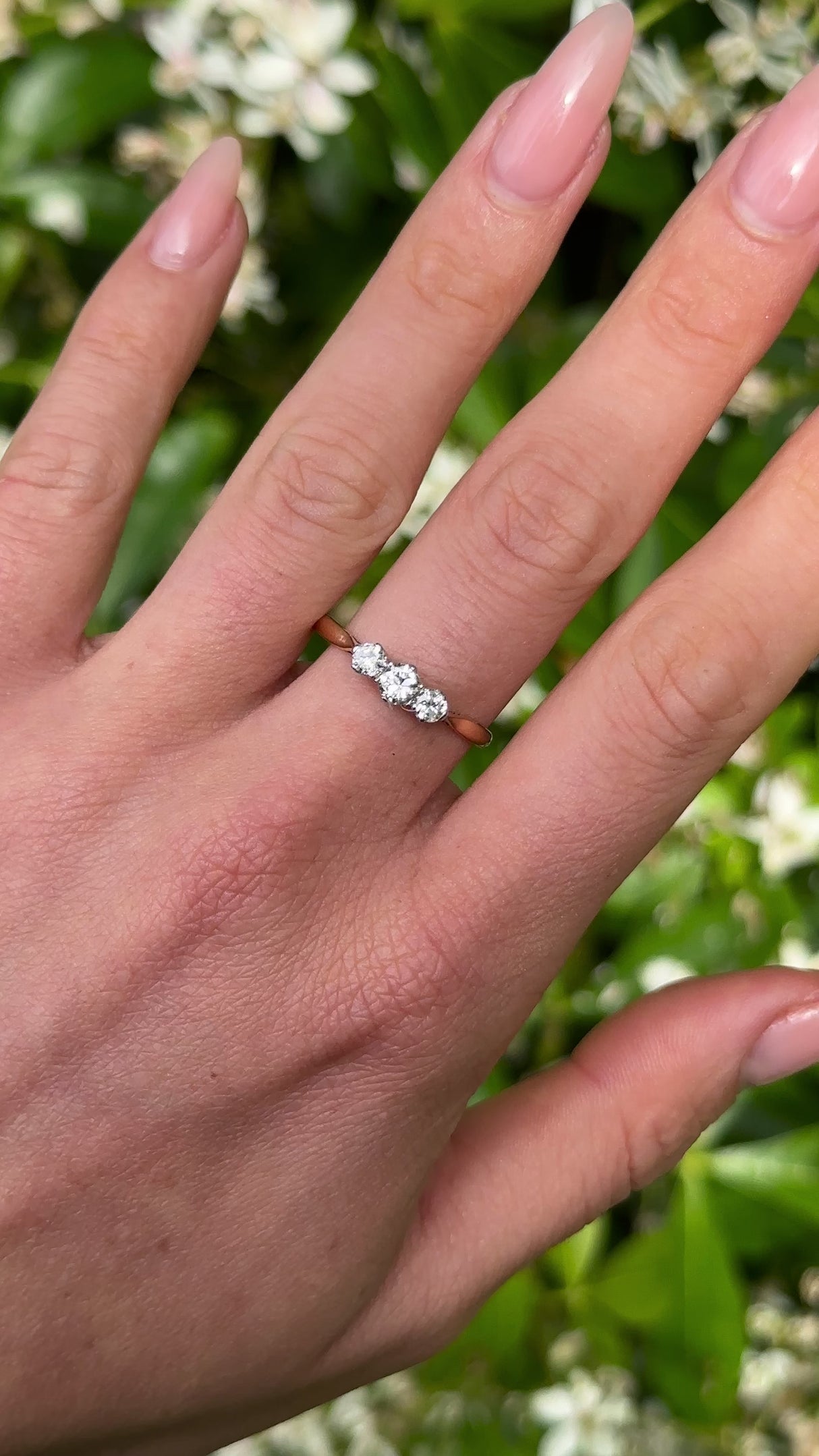 Vintage, 1950s Three-Stone Diamond Engagement Ring, 18ct Yellow Gold and Platinum worn on hand.