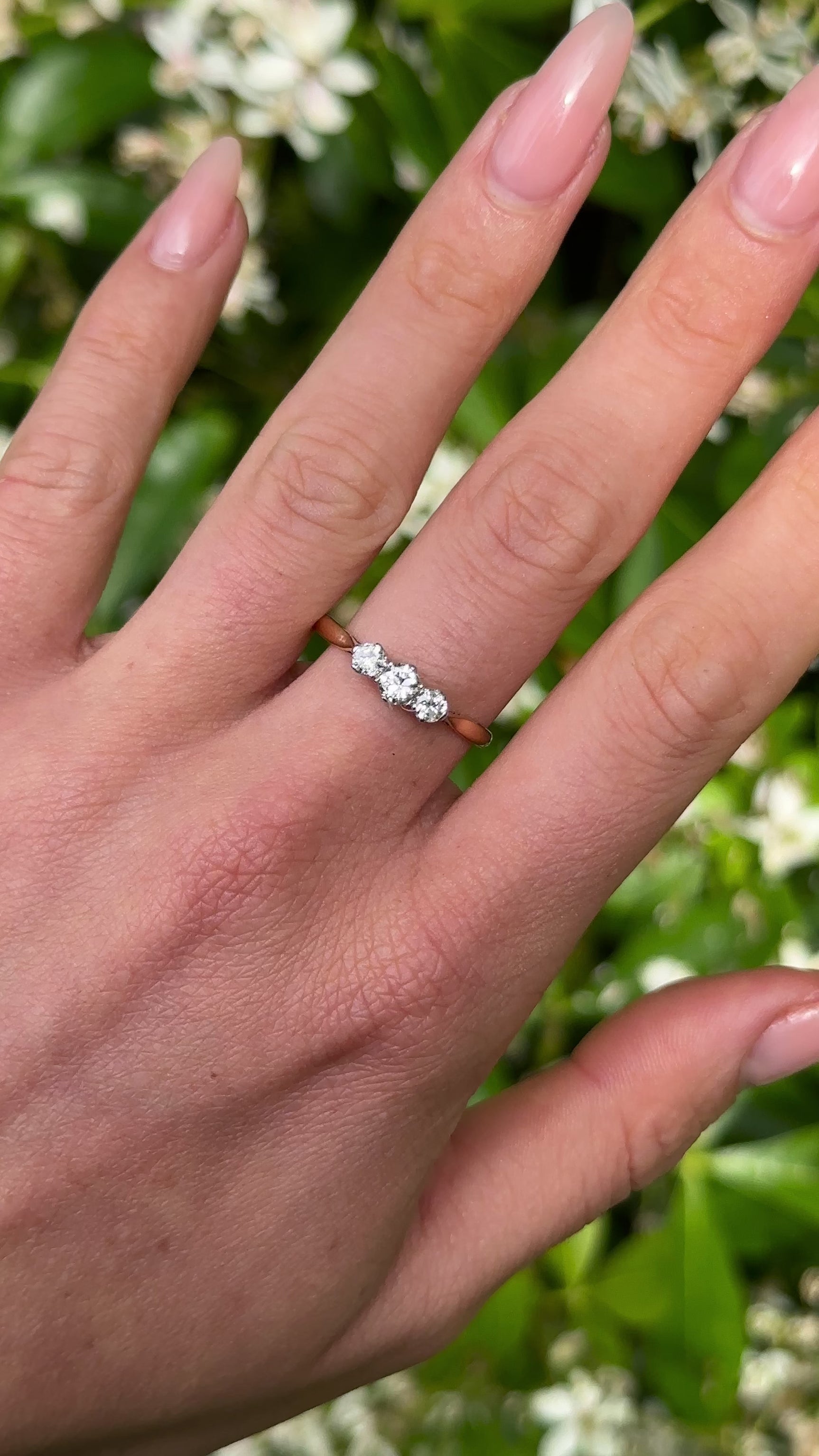 Vintage, 1950s Three-Stone Diamond Engagement Ring, 18ct Yellow Gold and Platinum worn on hand.