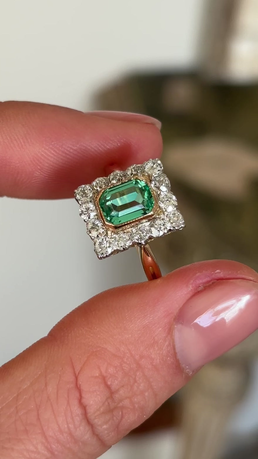 Antique, Edwardian emerald & diamond panel cluster ring
