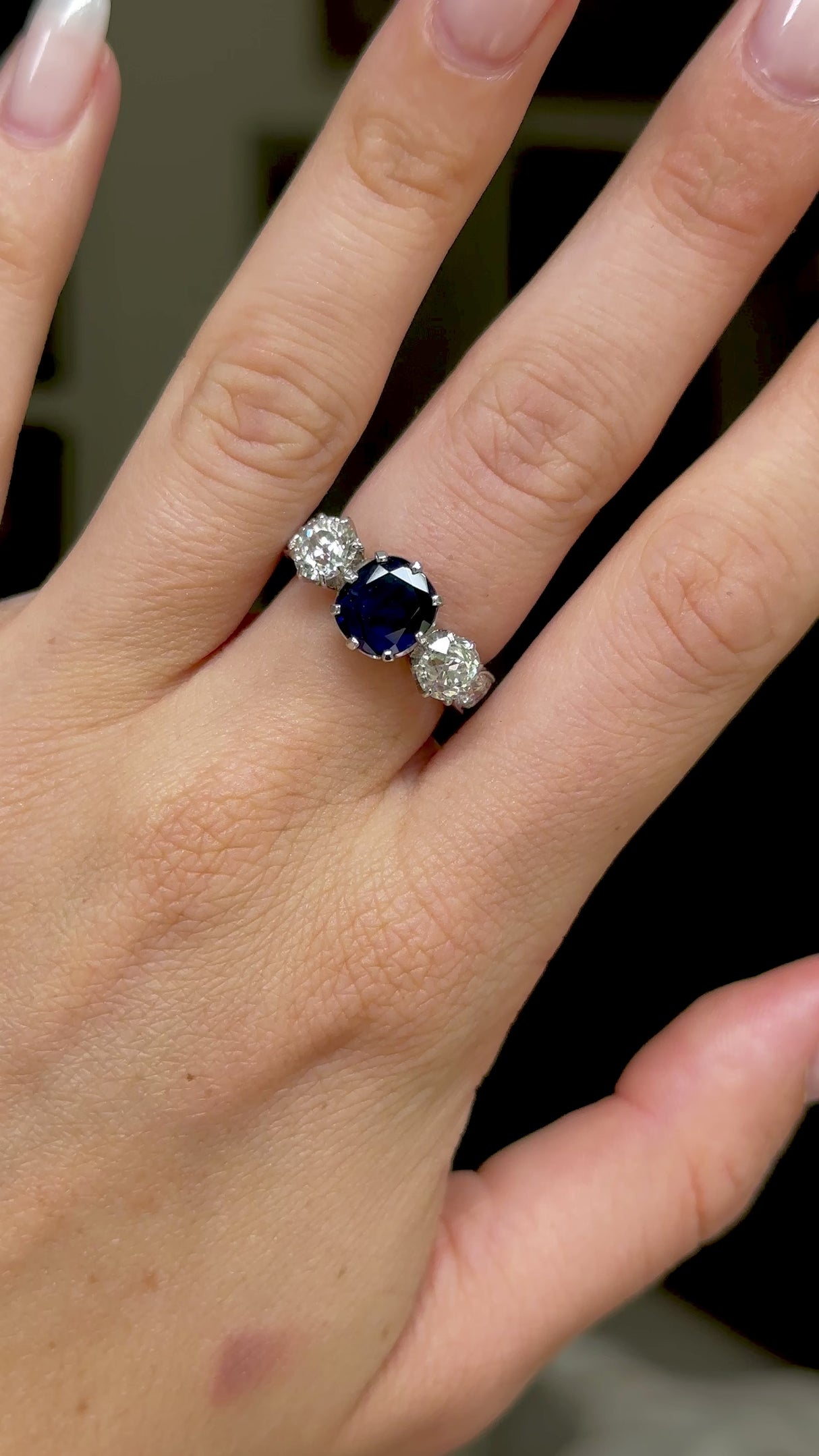 Art Deco, French, royal blue sapphire & diamond three-stone engagement ring