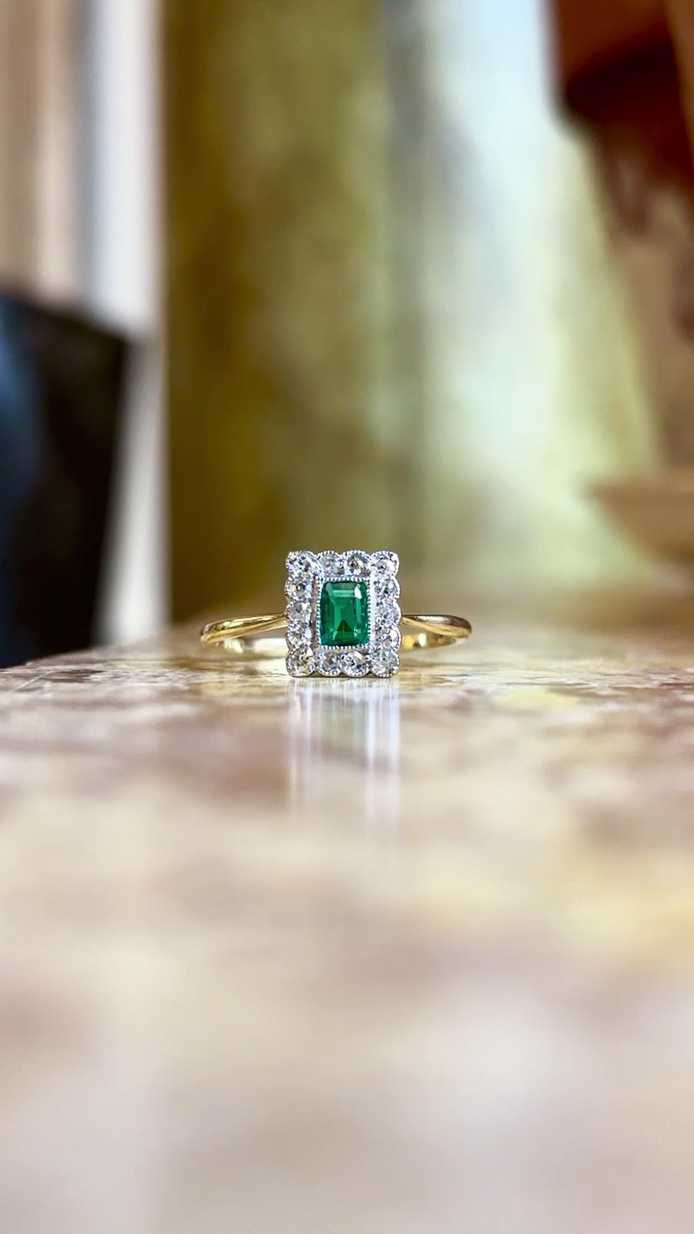 Antique, Edwardian emerald & diamond cluster engagement ring