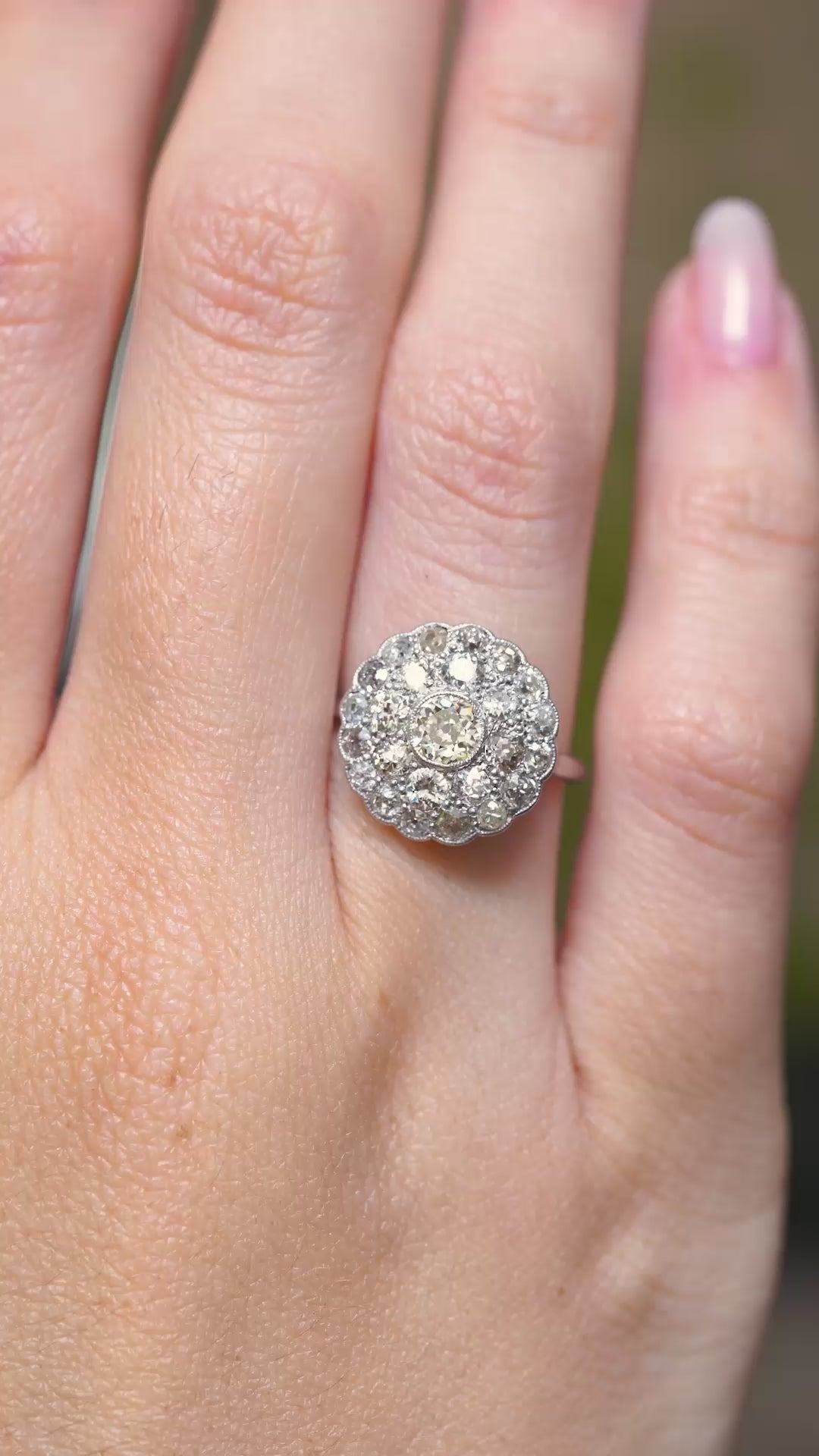 Antique Edwardian, subtly tinted old-cut diamond cluster ring
