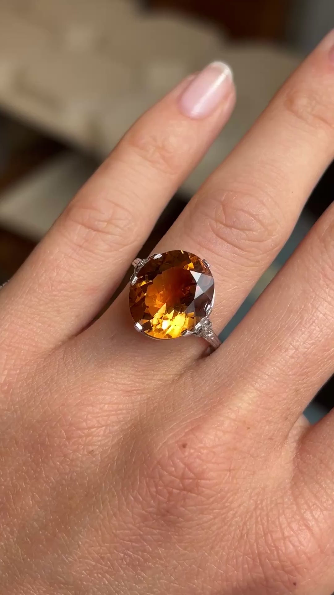 Video of an Antique, Art Deco citrine cocktail ring in platinum, worn on a hand