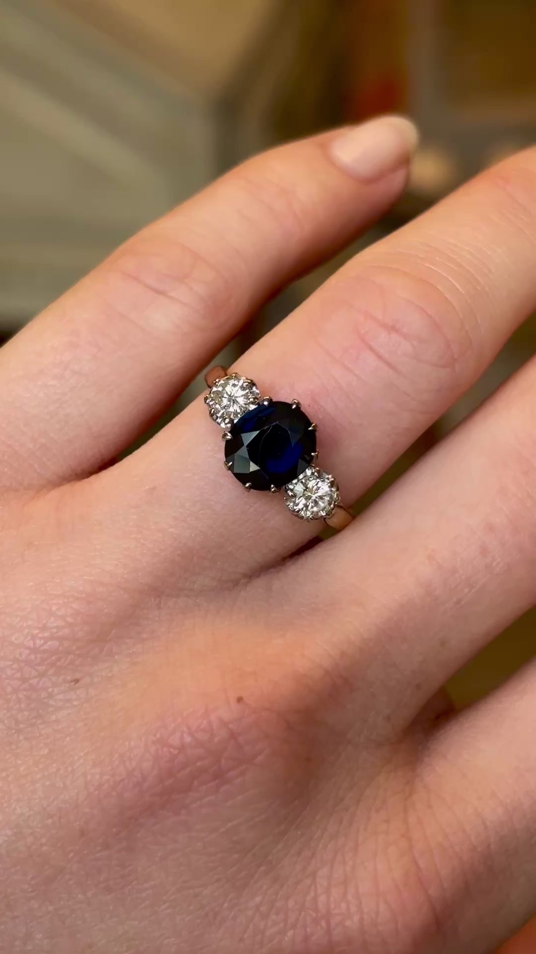 Vintage, 1950s dark blue sapphire and diamond three-stone engagement ring