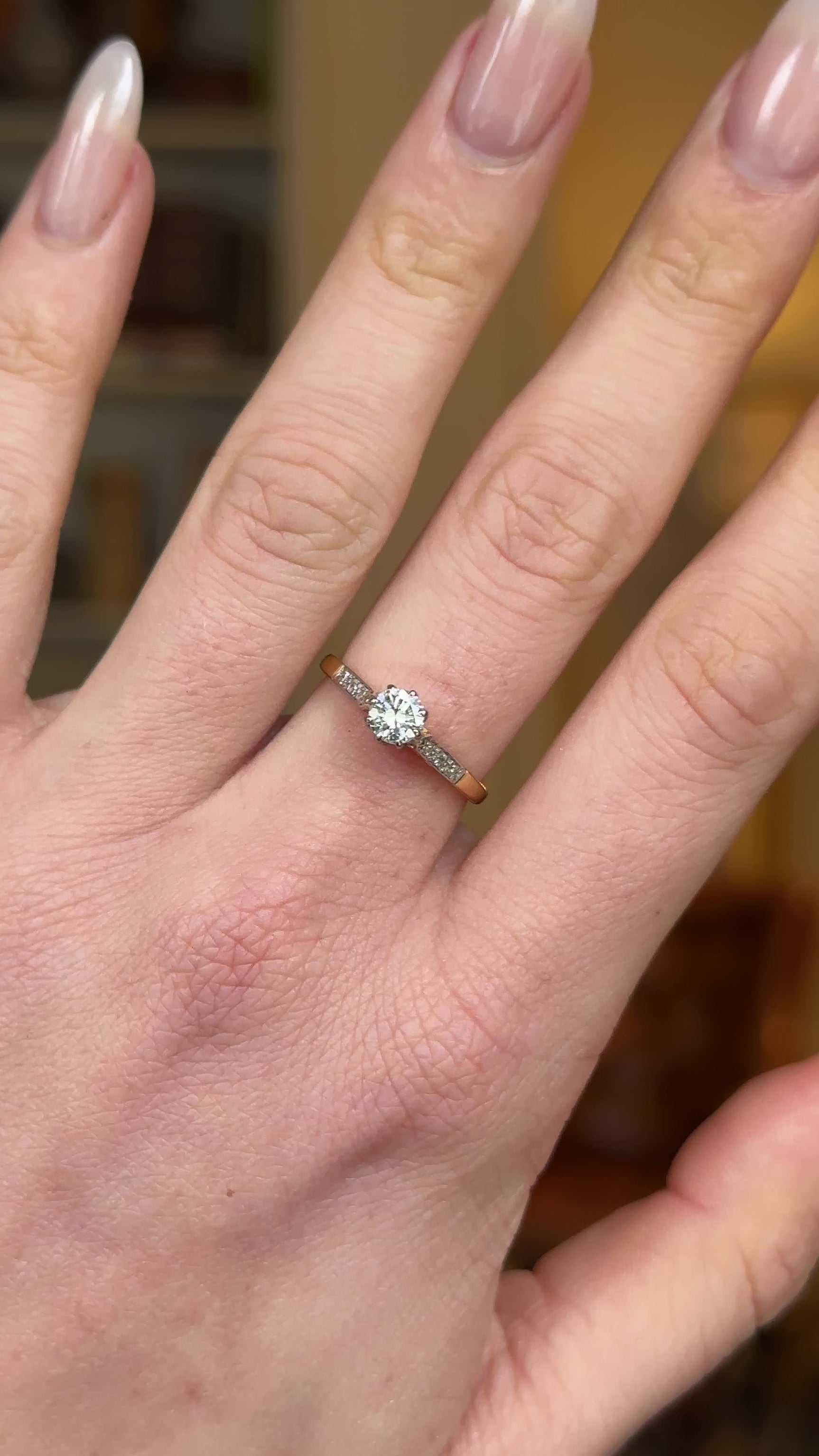 Antique, Edwardian Solitaire Diamond Engagement Ring, 18ct Yellow Gold and Platinum worn on hand and rotated to give perspective.