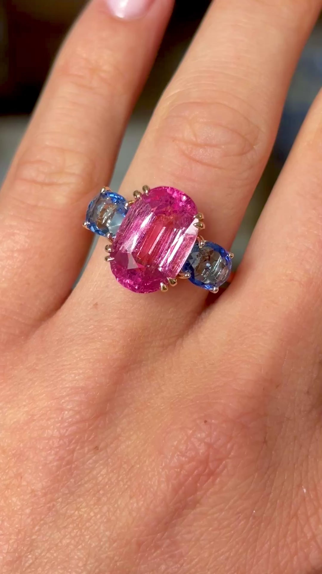Vintage, 1980s pink tourmaline & sapphire three-stone ring