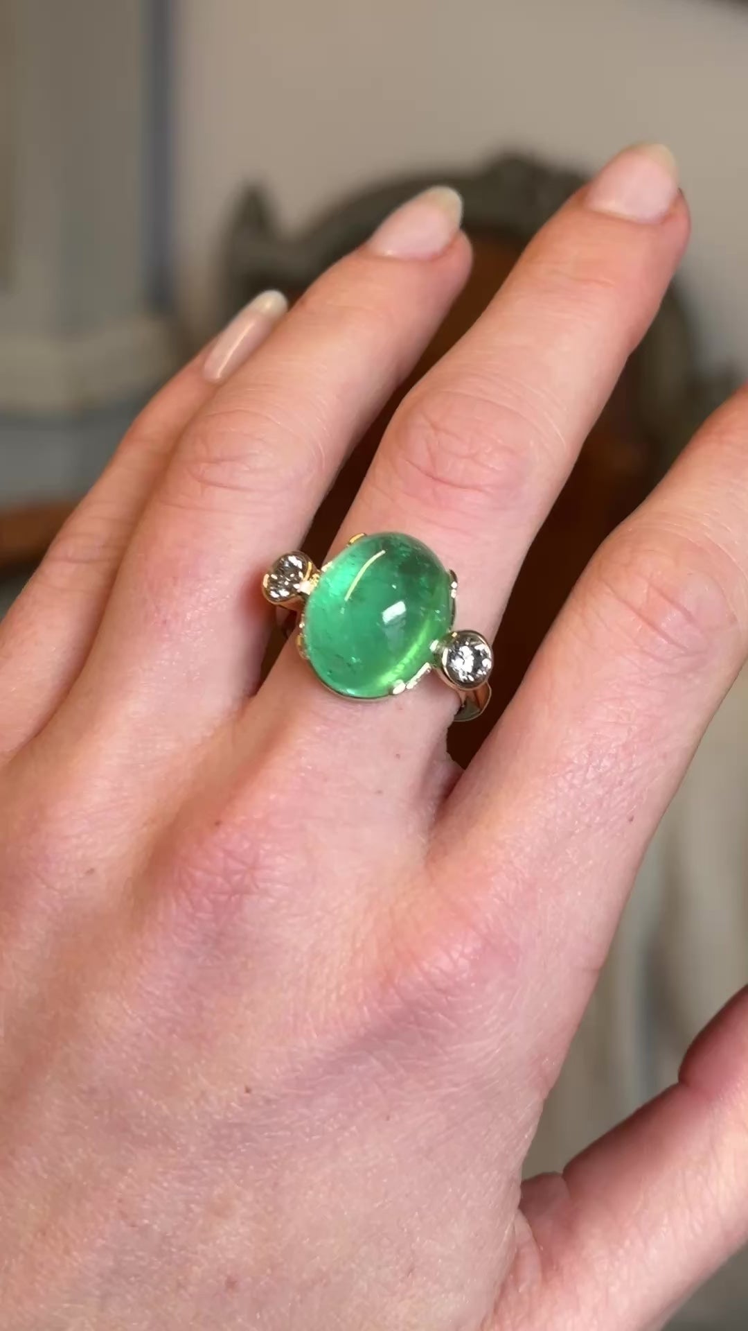 Vintage, 1980s 12ct cabochon emerald & diamond three-stone ring