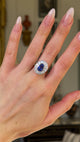 Vintage, 1980s Sapphire & Diamond Ring, 18ct Yellow Gold & Platinum worn on hand and rotated to give perspective. 