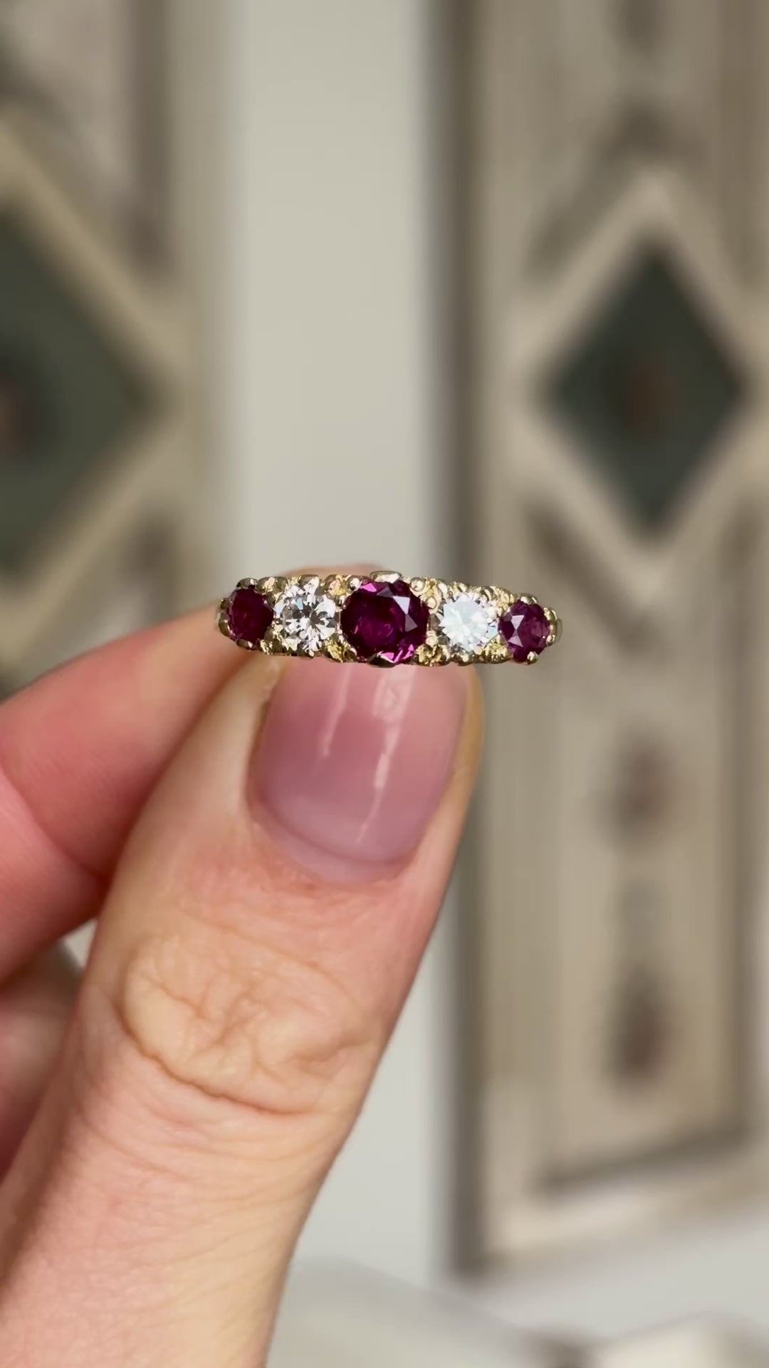 Antique, Edwardian five stone ruby and diamond ring
