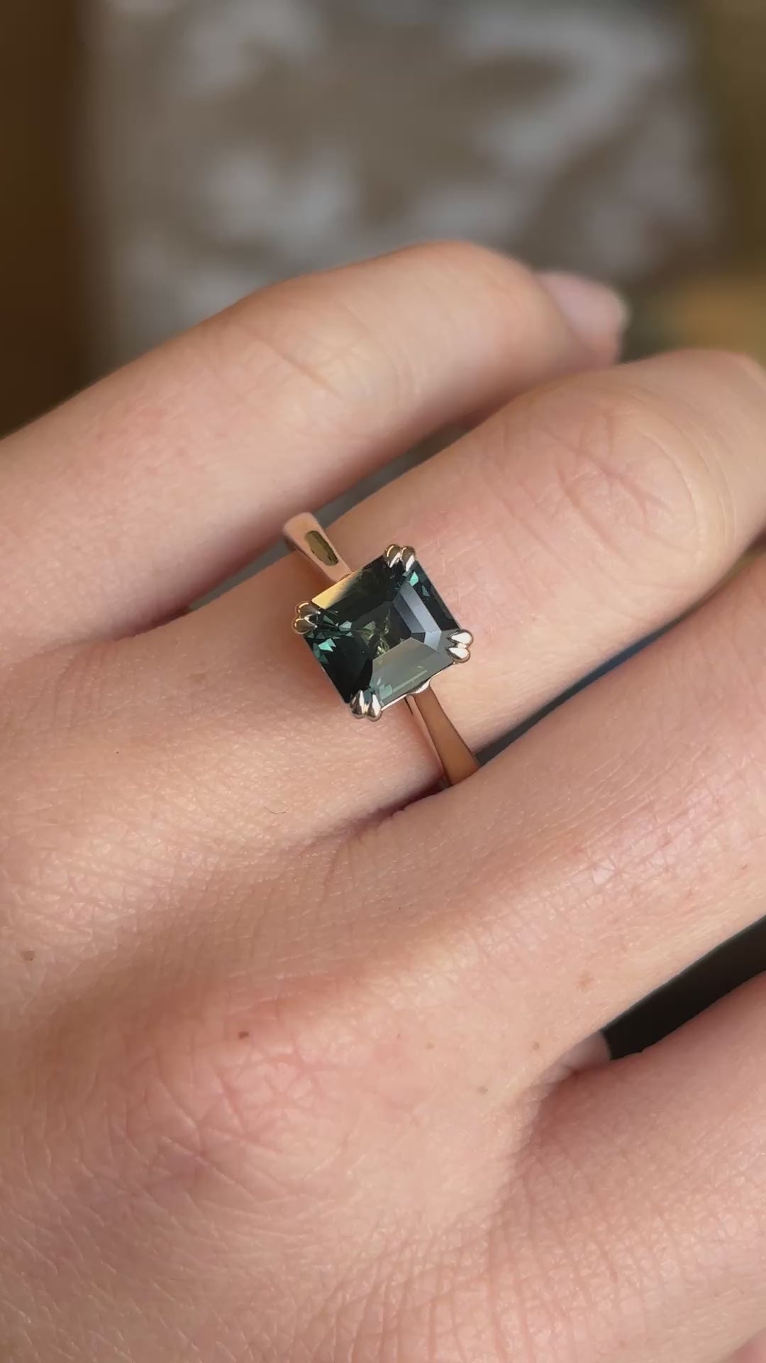 Square step-cut teal sapphire single-stone ring