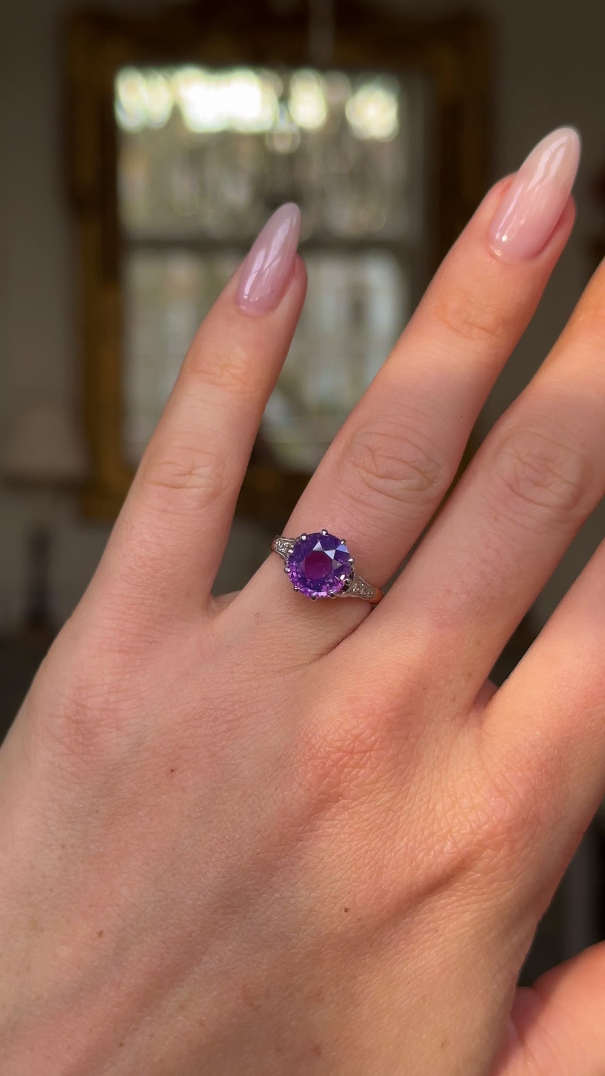Hazy lilac sapphire and diamond ring, 18ct yellow gold and platinum