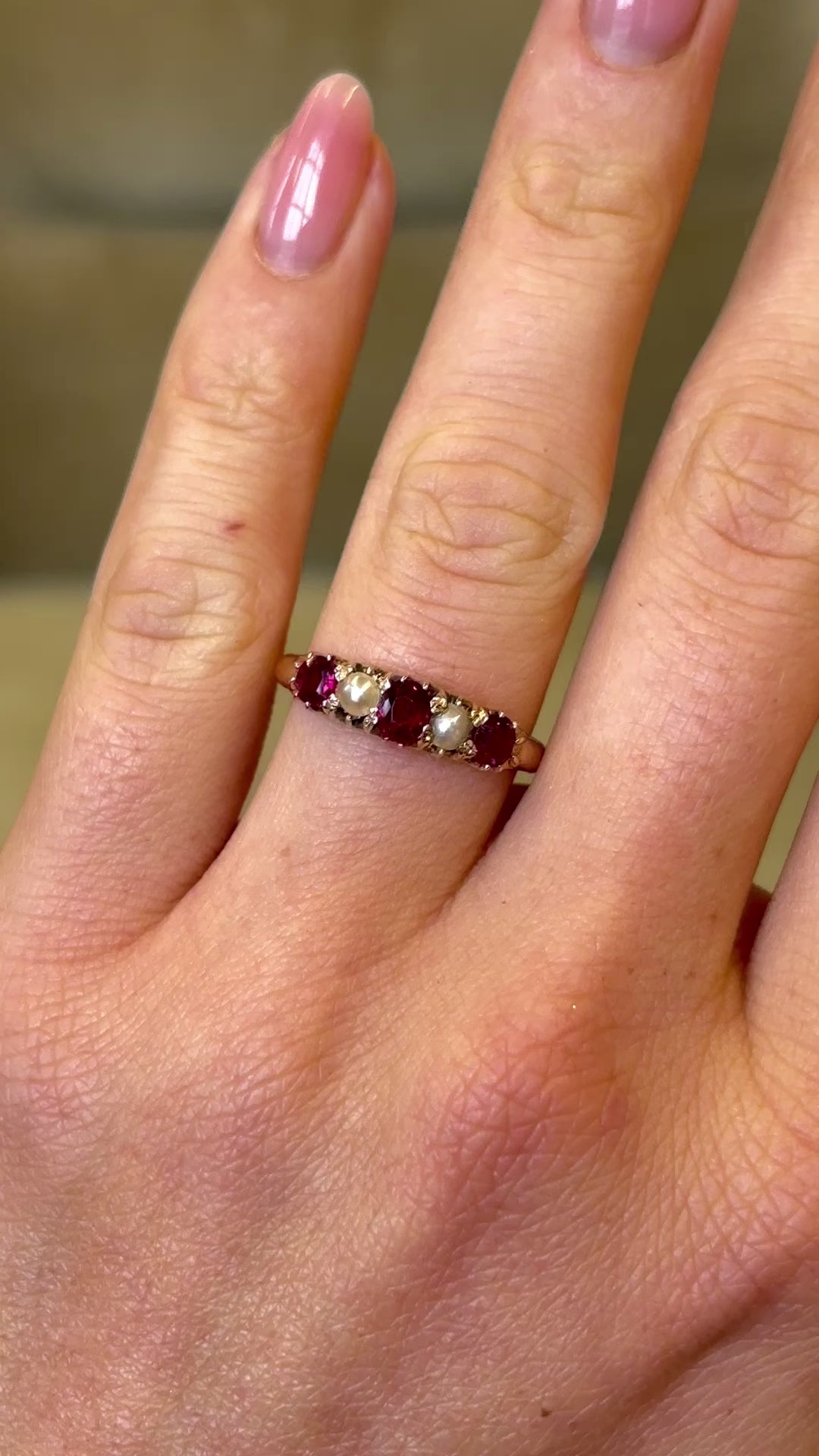 Antique, Victorian ruby & pearl five-stone ring