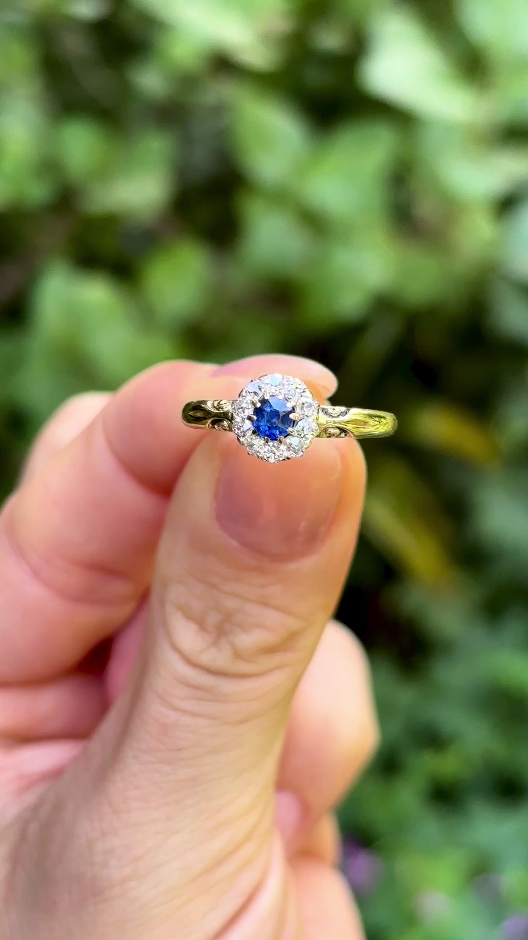 Antique, Edwardian sapphire & diamond cluster ring, 18ct yellow gold