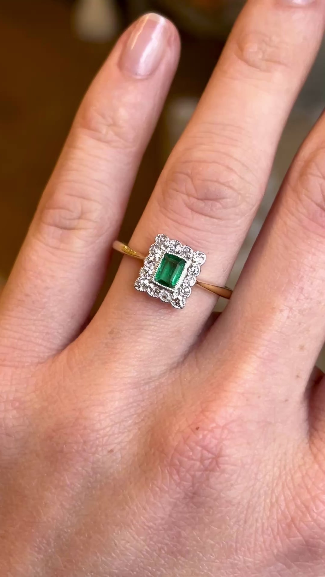 Antique, Edwardian emerald & diamond cluster engagement ring