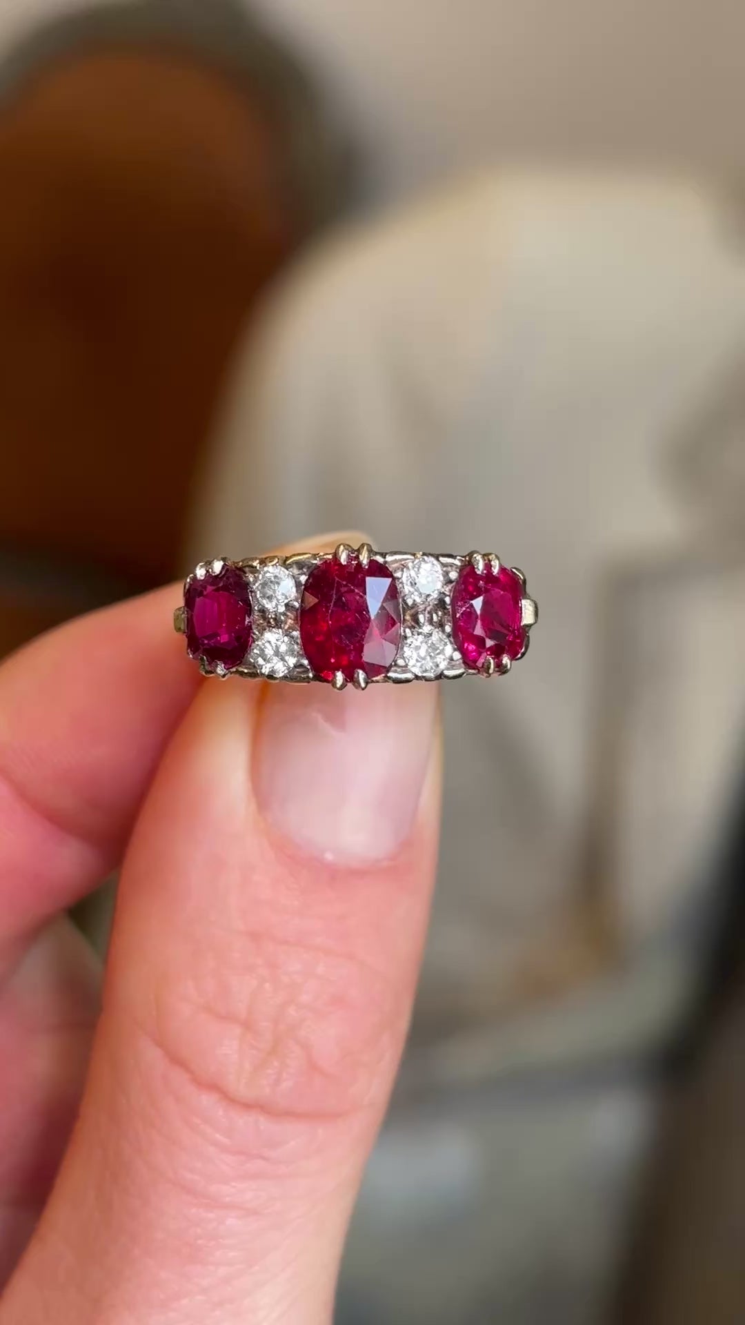 Victorian, unheated ruby & diamond three-stone ring