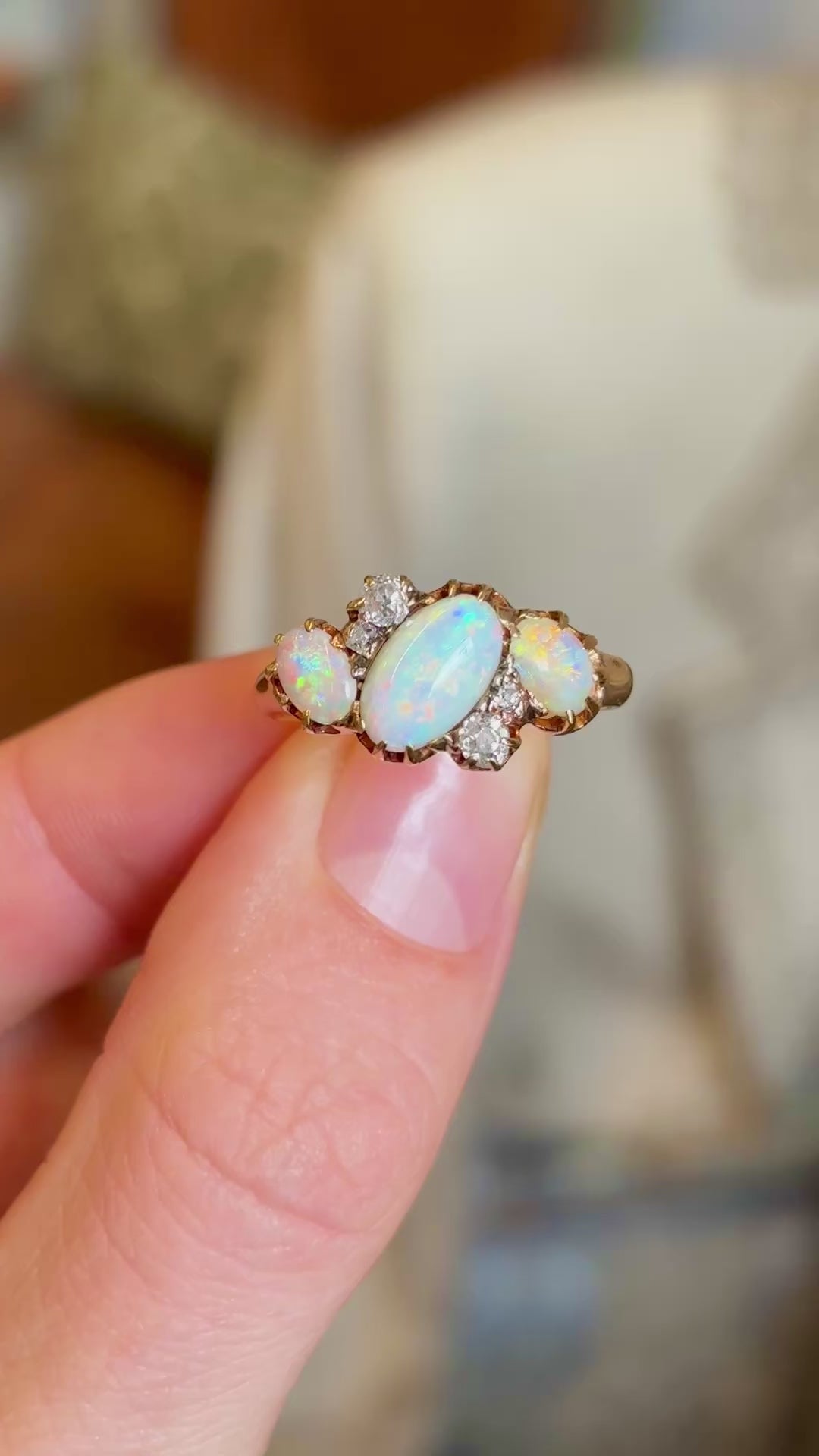 Vintage, Art Deco opal & diamond three-stone ring, 18ct yellow gold
