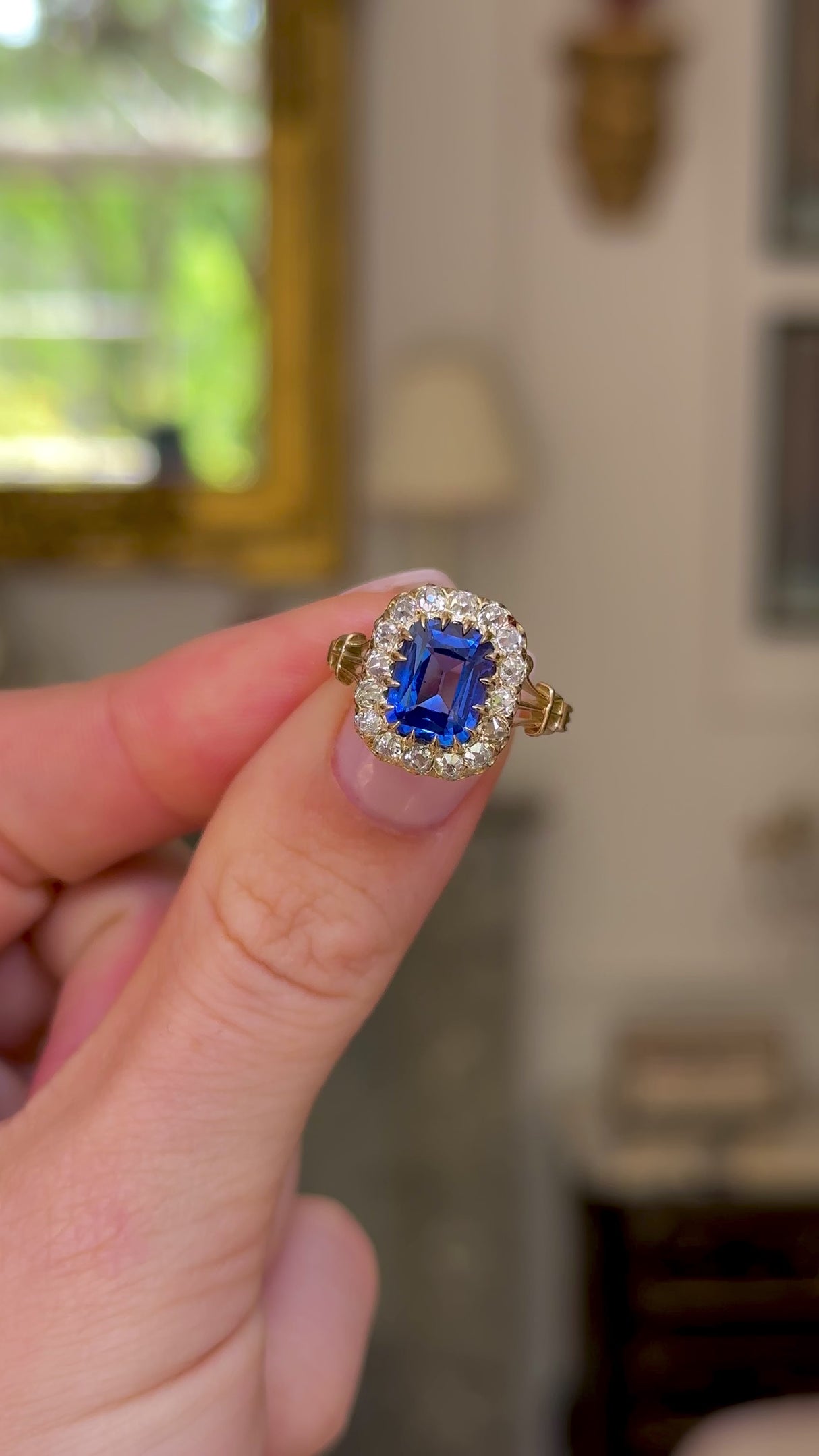 Antique, ceylon sapphire and diamond cluster ring, 18ct yellow gold