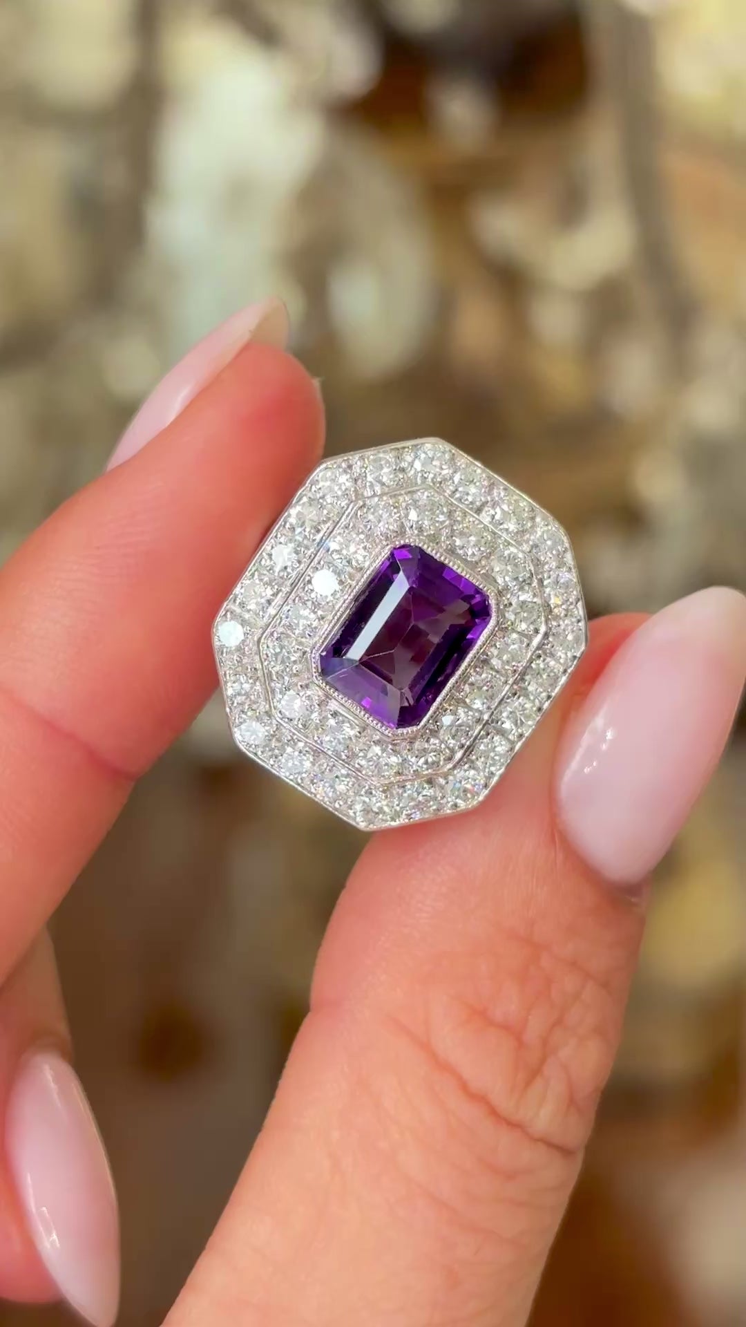 Vintage, Art Deco amethyst & diamond double cluster ring