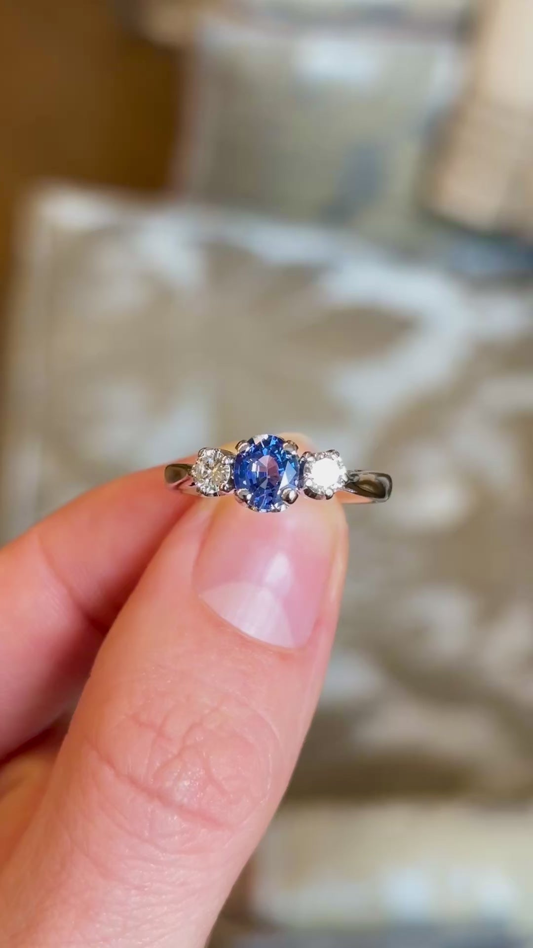 Vintage, 1920s teal sapphire & diamond three-stone ring